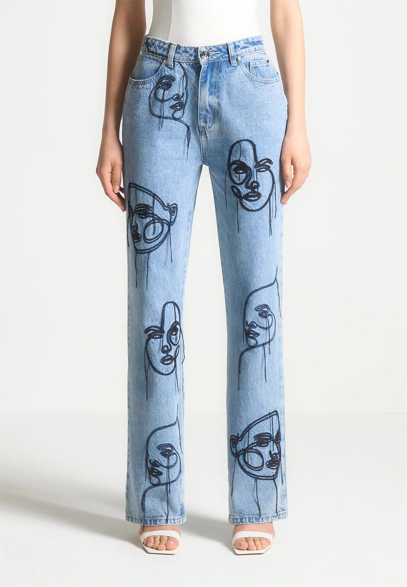 Audrey - Line Art Straight Leg Jeans - Mid Blue Recycled Fiber Content Comfort Stretch Technology