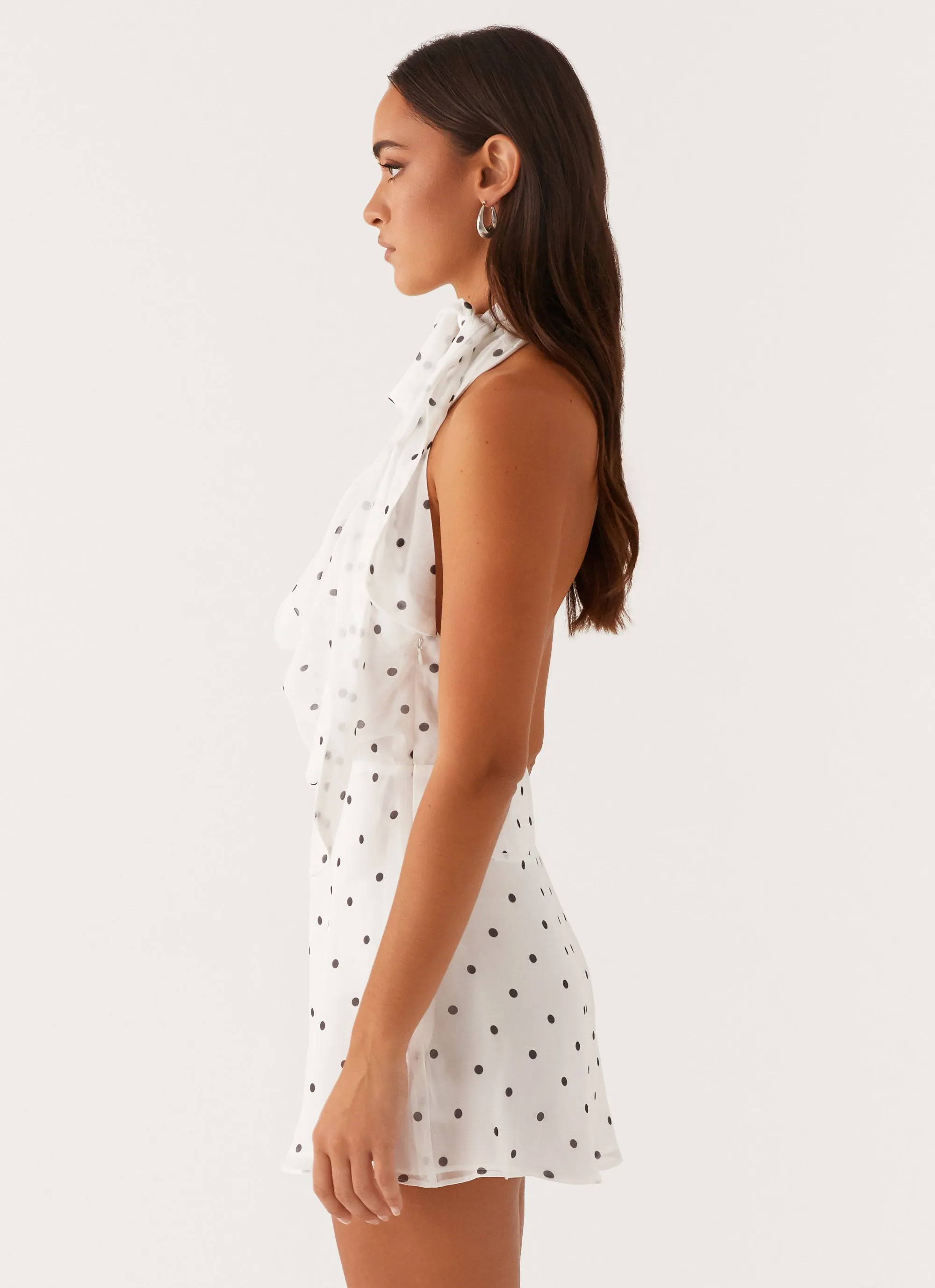 Breathable Comfort Smooth Cut Avalia Backless Scarf Mini Dress - White Polka Dot