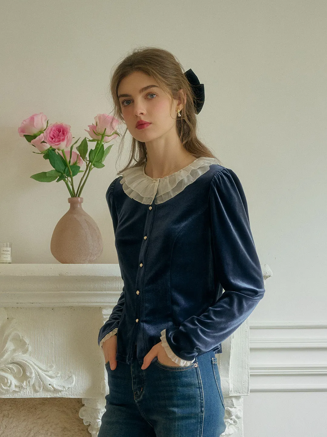 DoubleStitched Hemming Recycled Polyester Material Azaria Lace Collar Contrasting Velvet Top - Blue