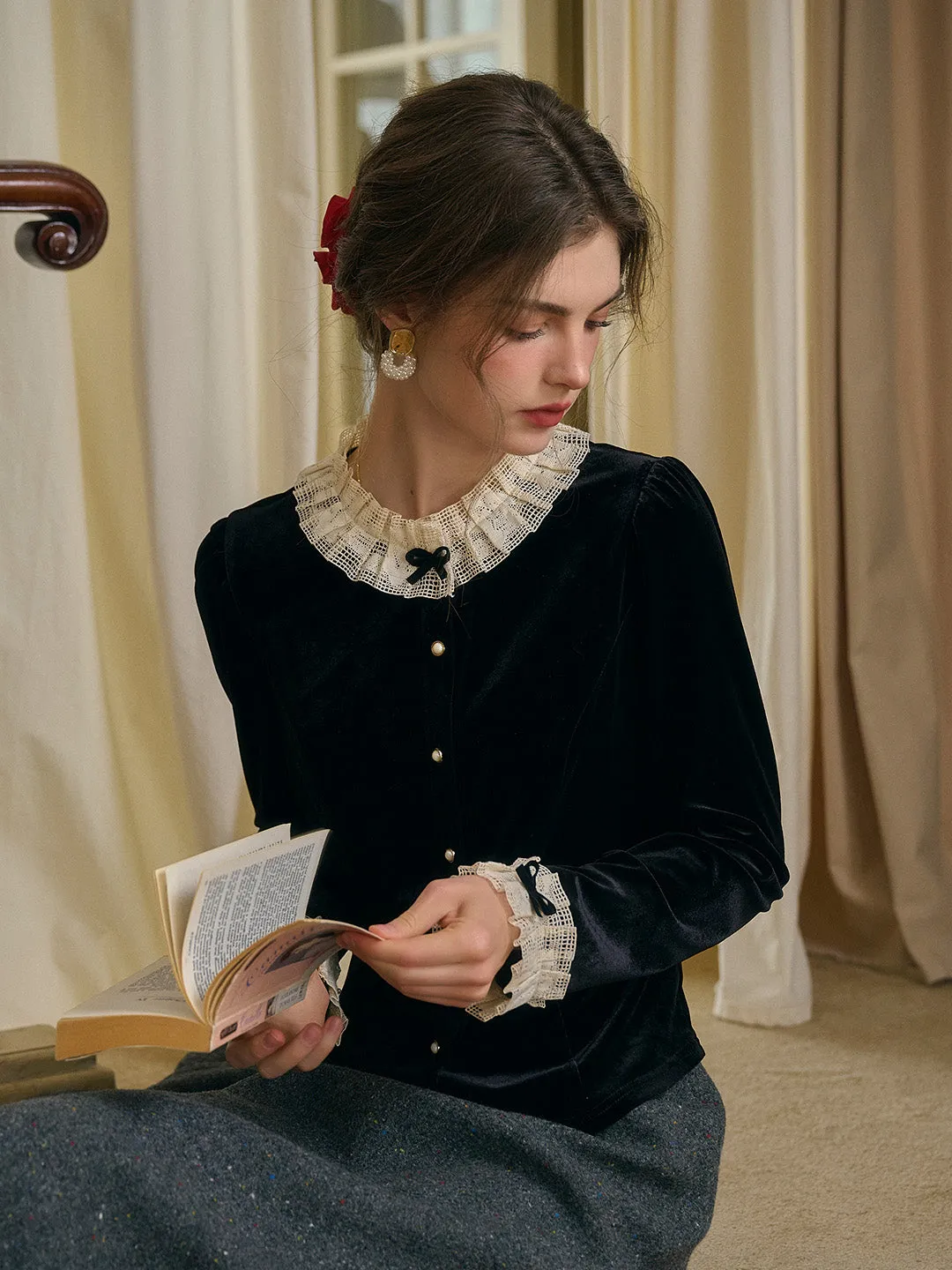 Azaria Round Collar Contrasting Lace Panel Bow Velvet Top - Black RibbedTrims