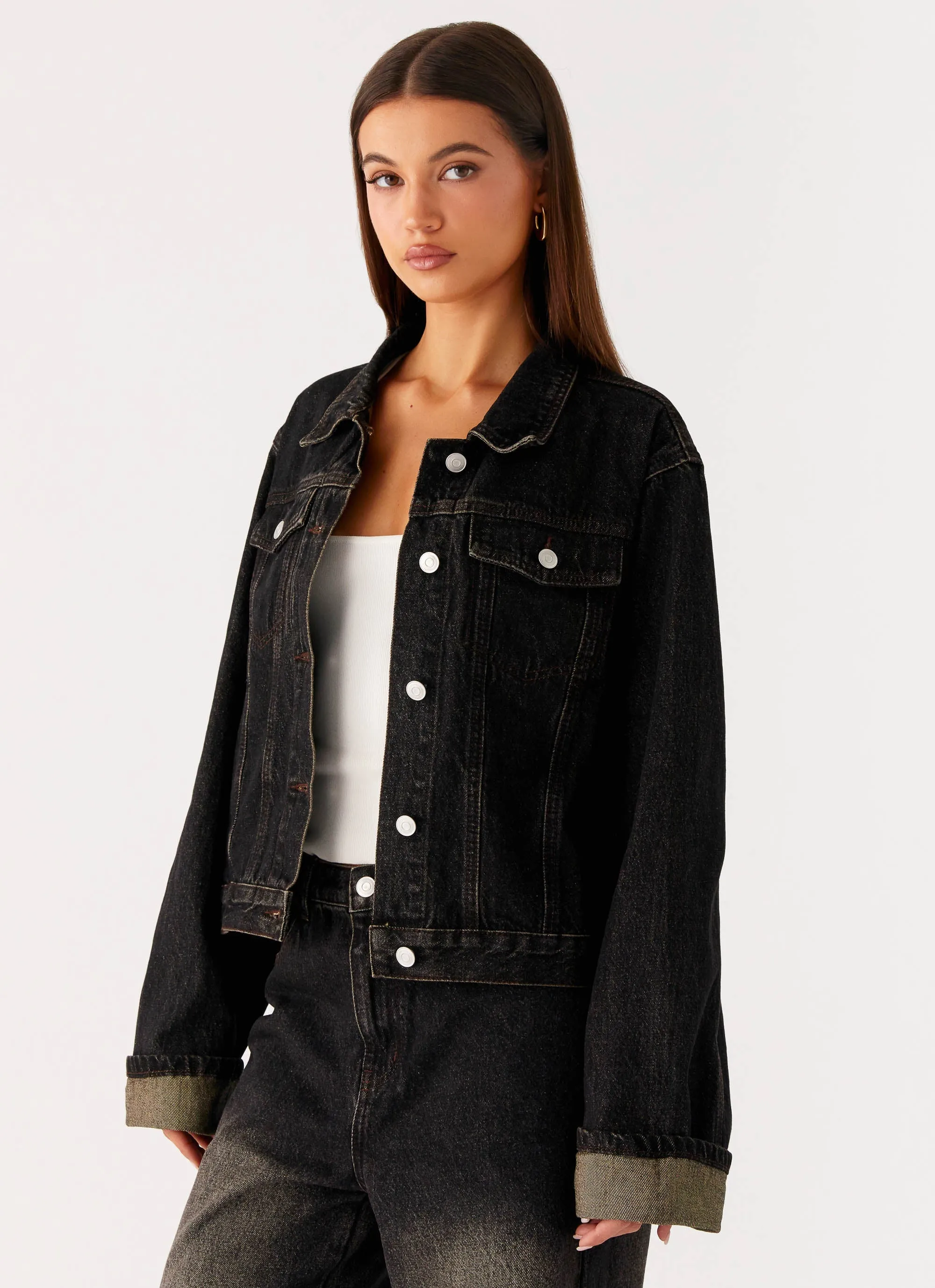 White Back Again Oversized Denim Jacket - Acid Charcoal
