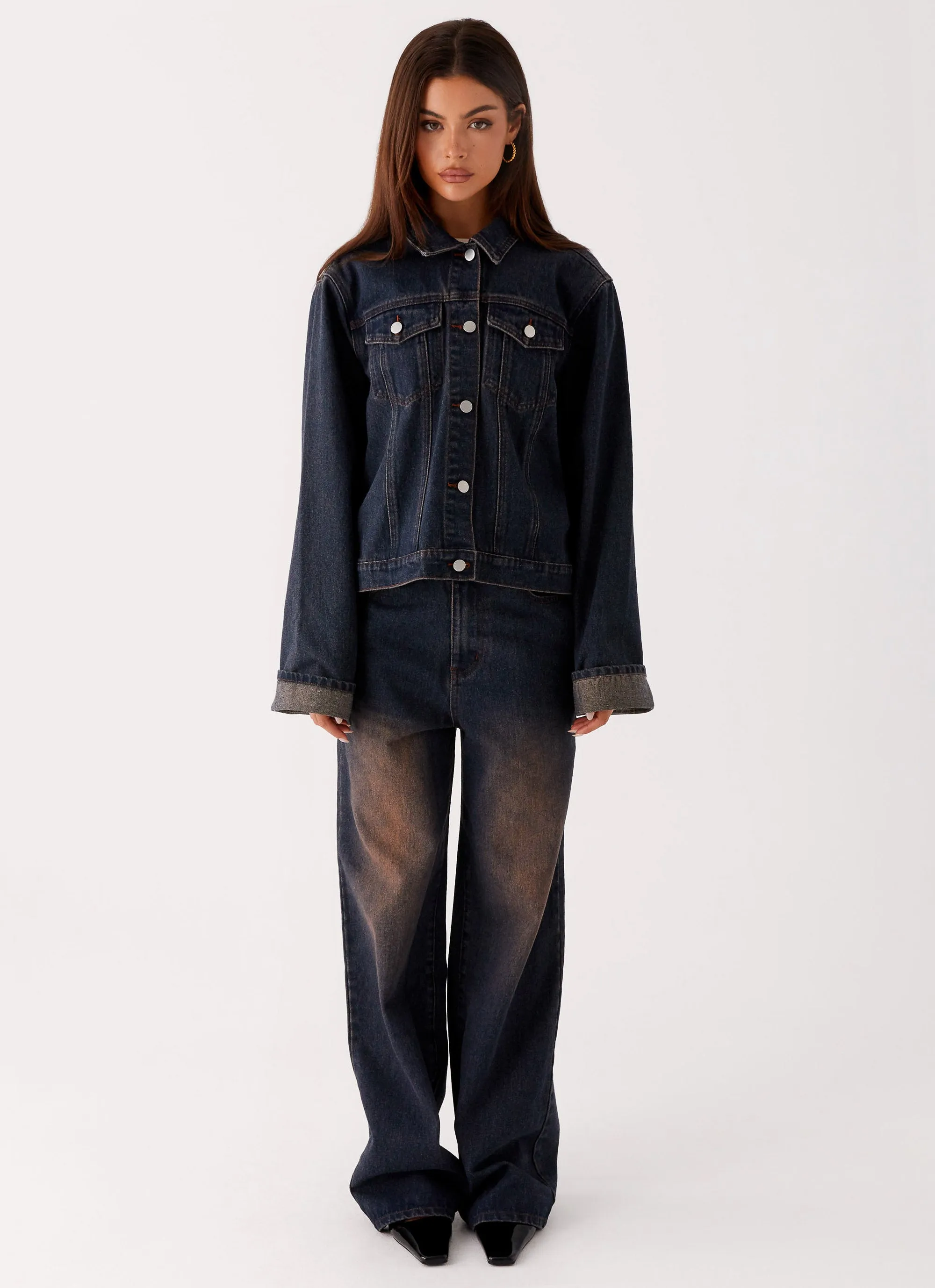 State cruelty - free Back Again Oversized Denim Jacket - Brown Blue Acid Wash