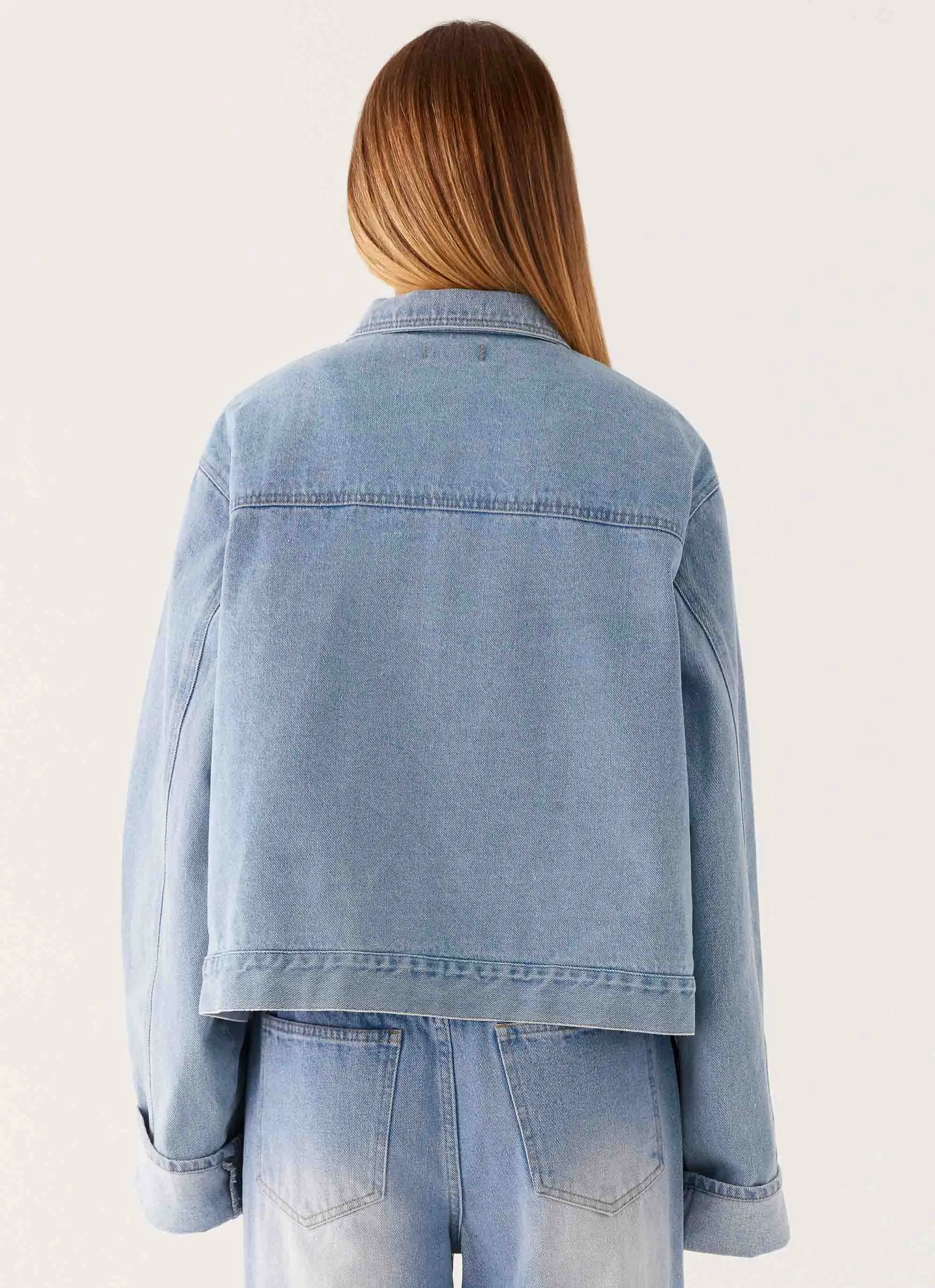 Travel Light Back Again Oversized Denim Jacket - Light Wash Blue