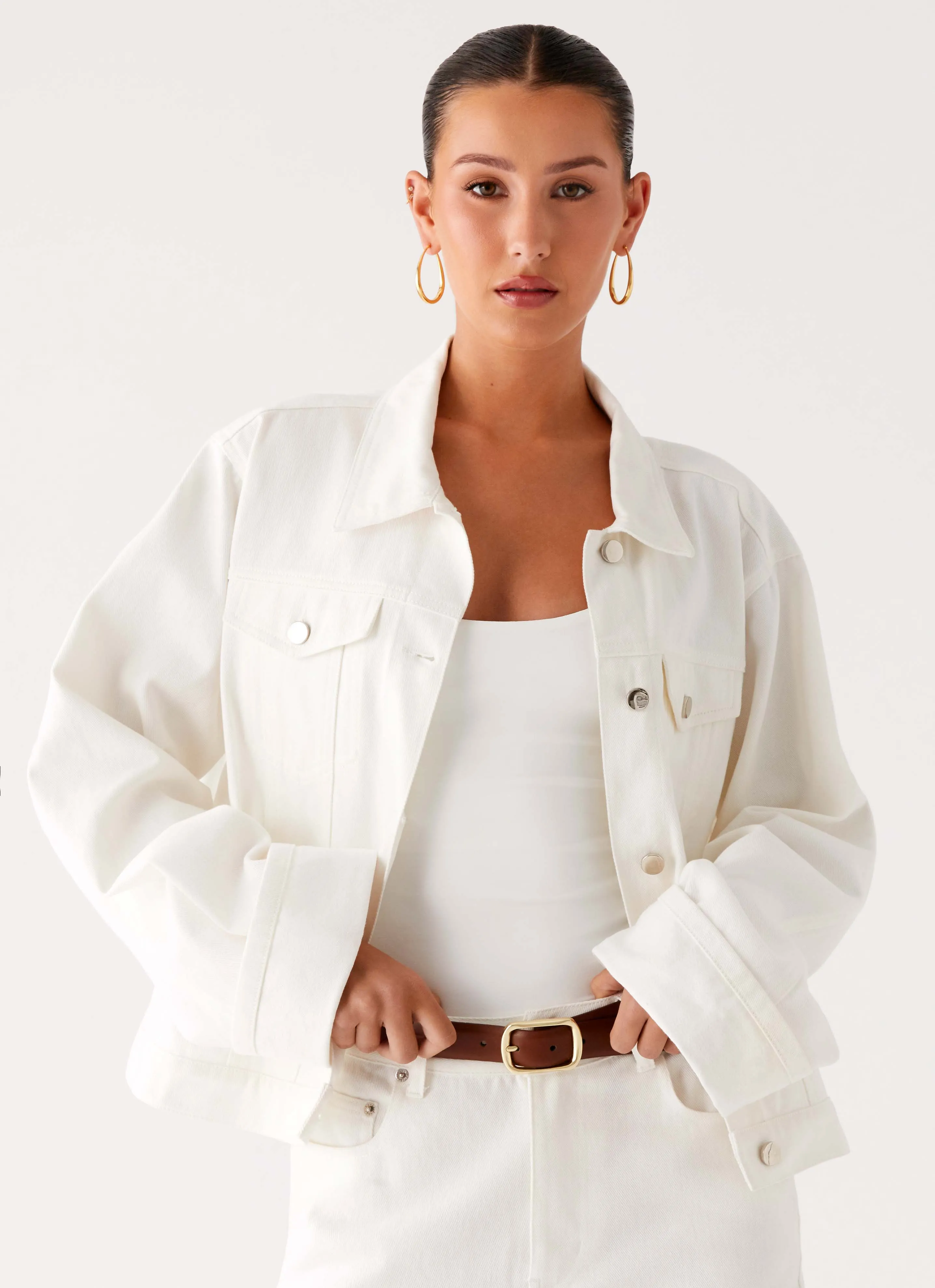 Back Again Oversized Denim Jacket - White Easy Zip