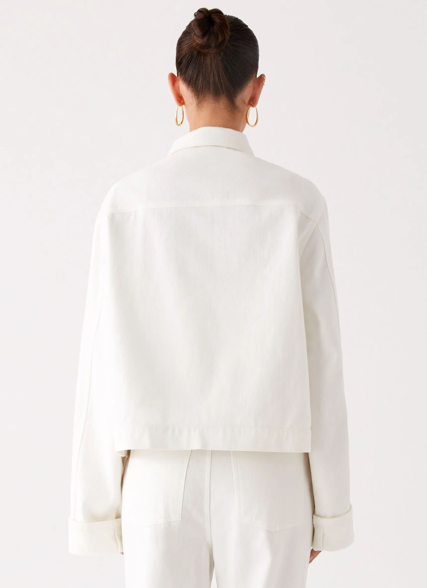 Lightweight Warmth Insulated Core Back Again Oversized Denim Jacket - White