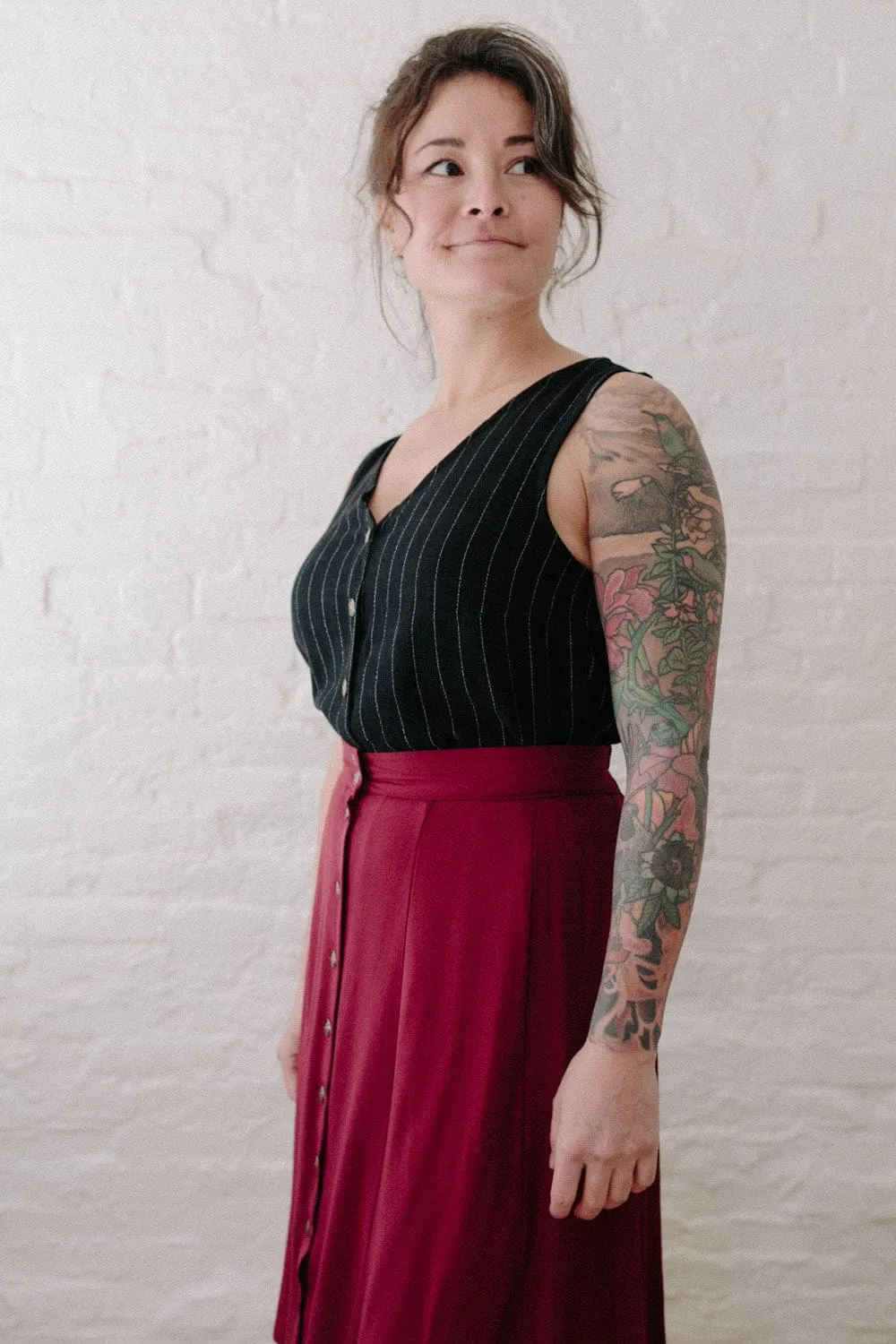 Bae Skirt in Pinot Noir Crepe StaticDissipativeFabric Fashionable Look