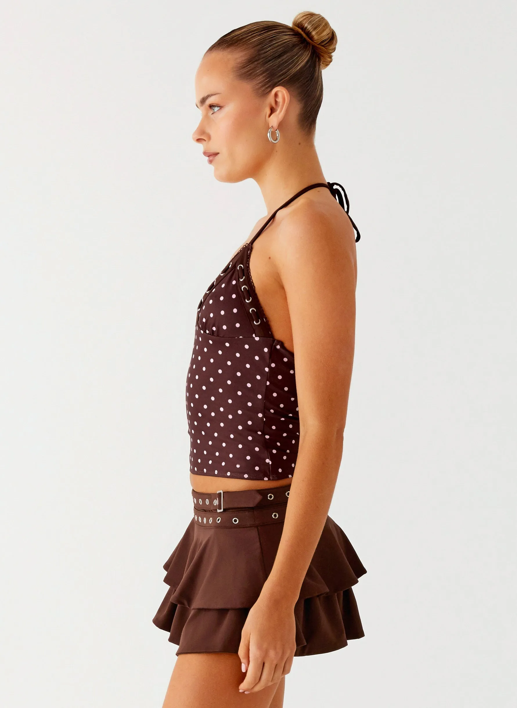 Bahama Eyelet Lace Up Top - Chocolate Strawberry Dot Warm Fabric