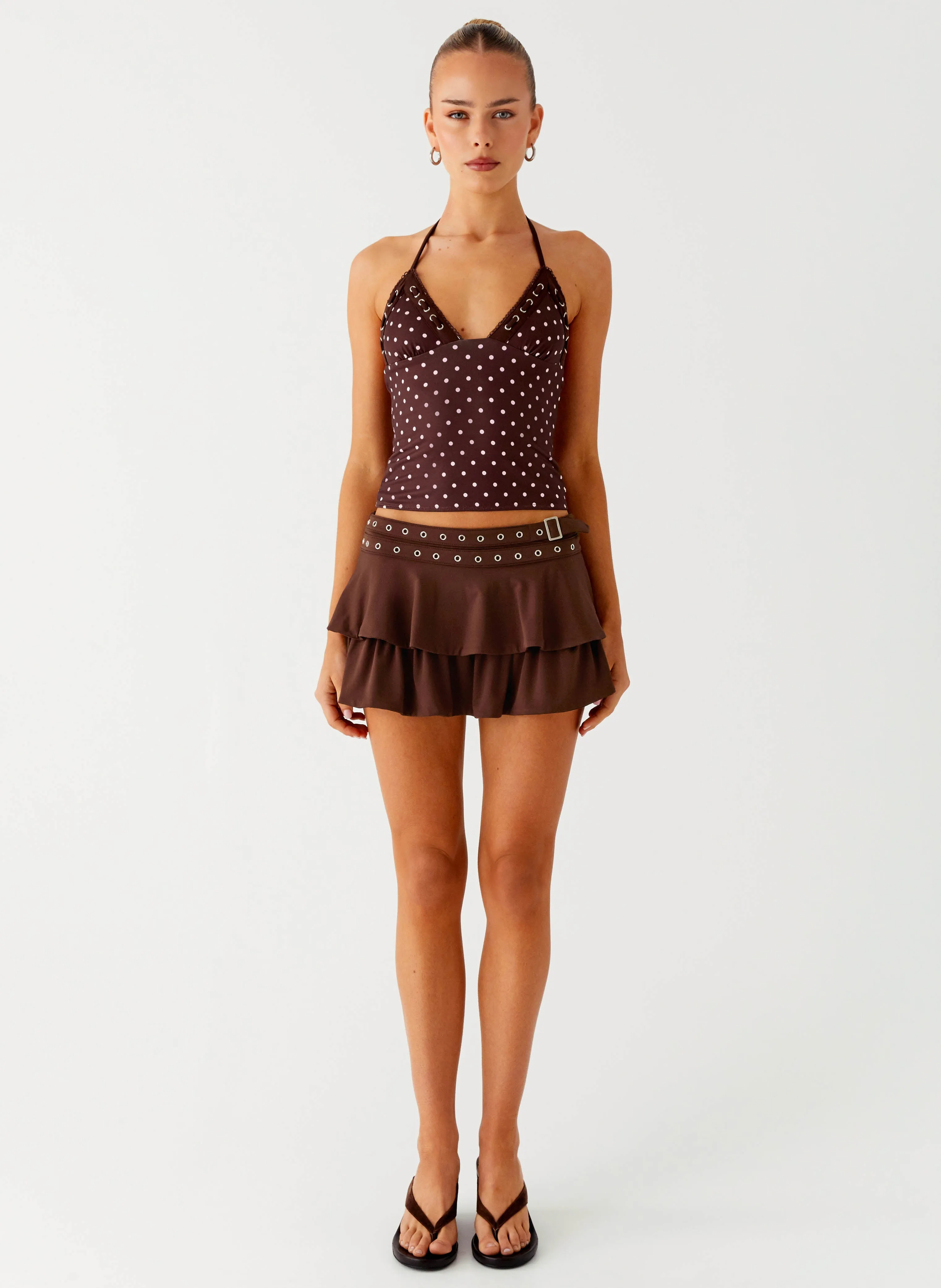Eco Friendly Fabric Bahama Eyelet Lace Up Top - Chocolate Strawberry Dot