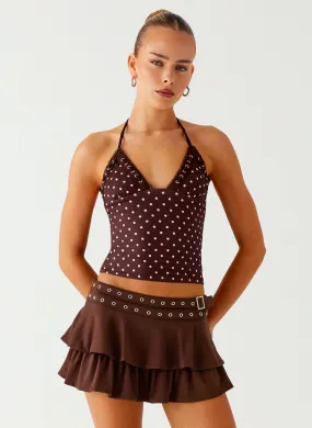 Layered Collar System Quick Dry Technology Bahama Eyelet Lace Up Top - Chocolate Strawberry Dot