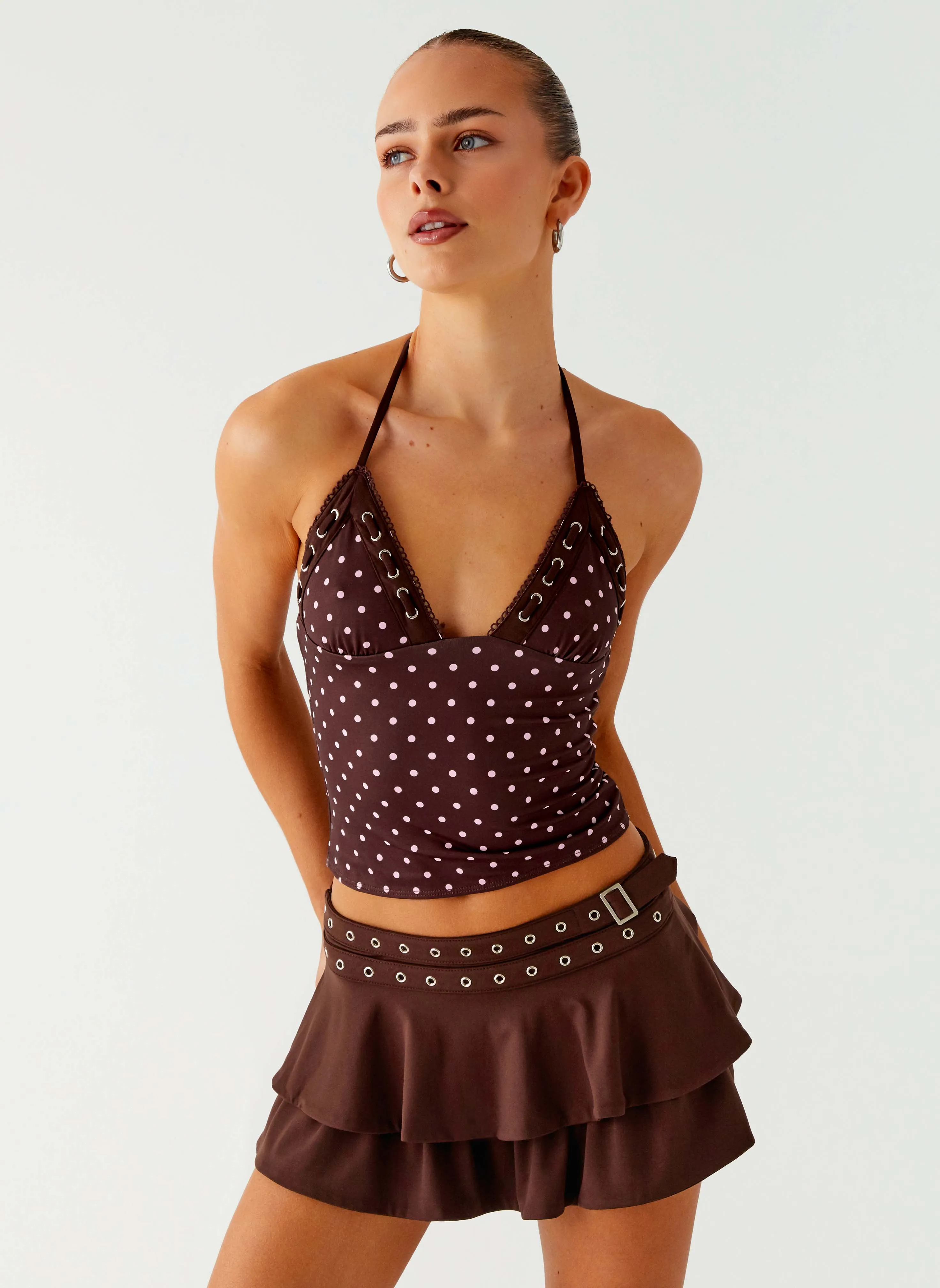 Bahama Eyelet Lace Up Top - Chocolate Strawberry Dot BrushedInnerLining