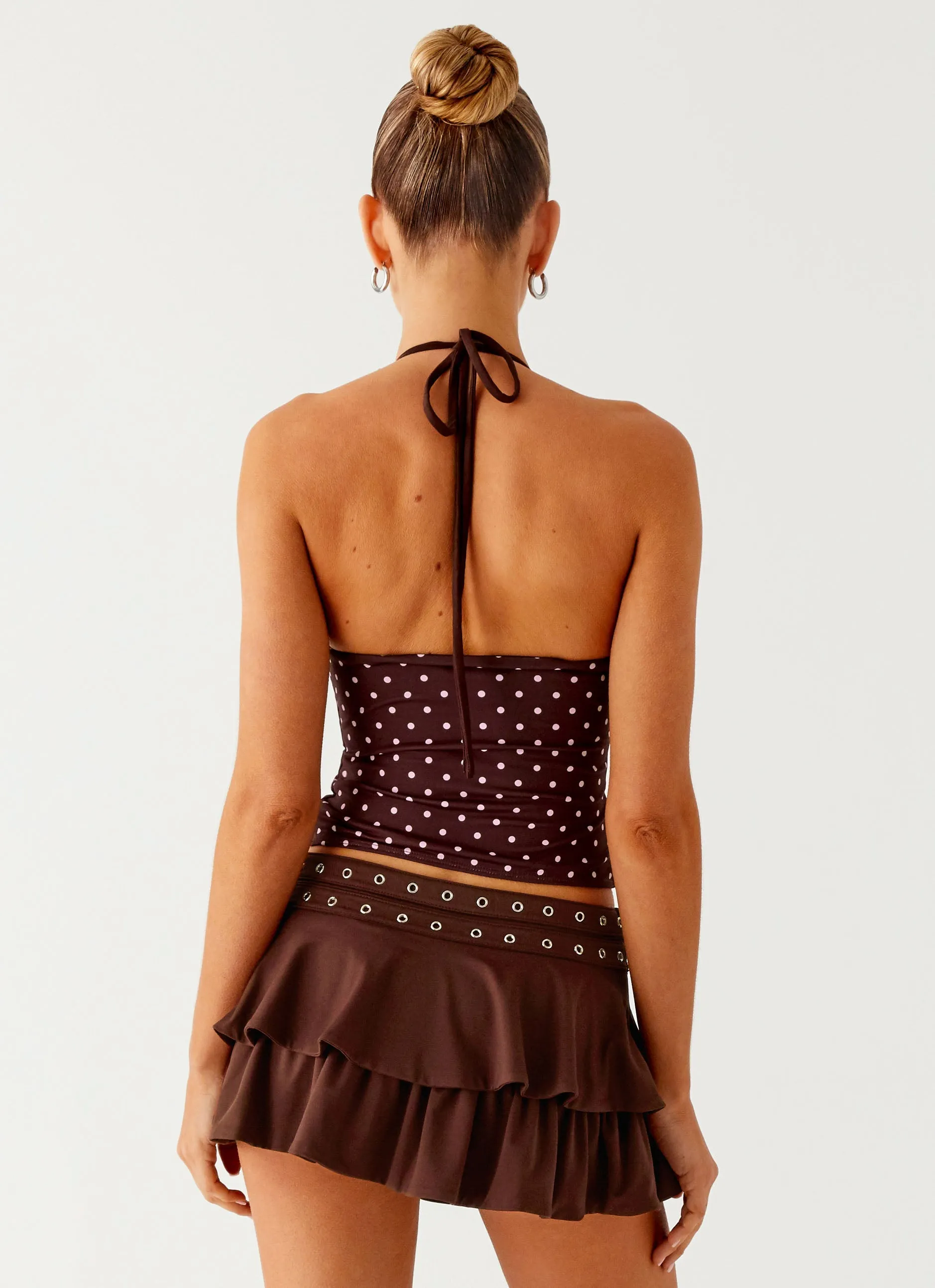 Bahama Eyelet Lace Up Top - Chocolate Strawberry Dot Modern Design