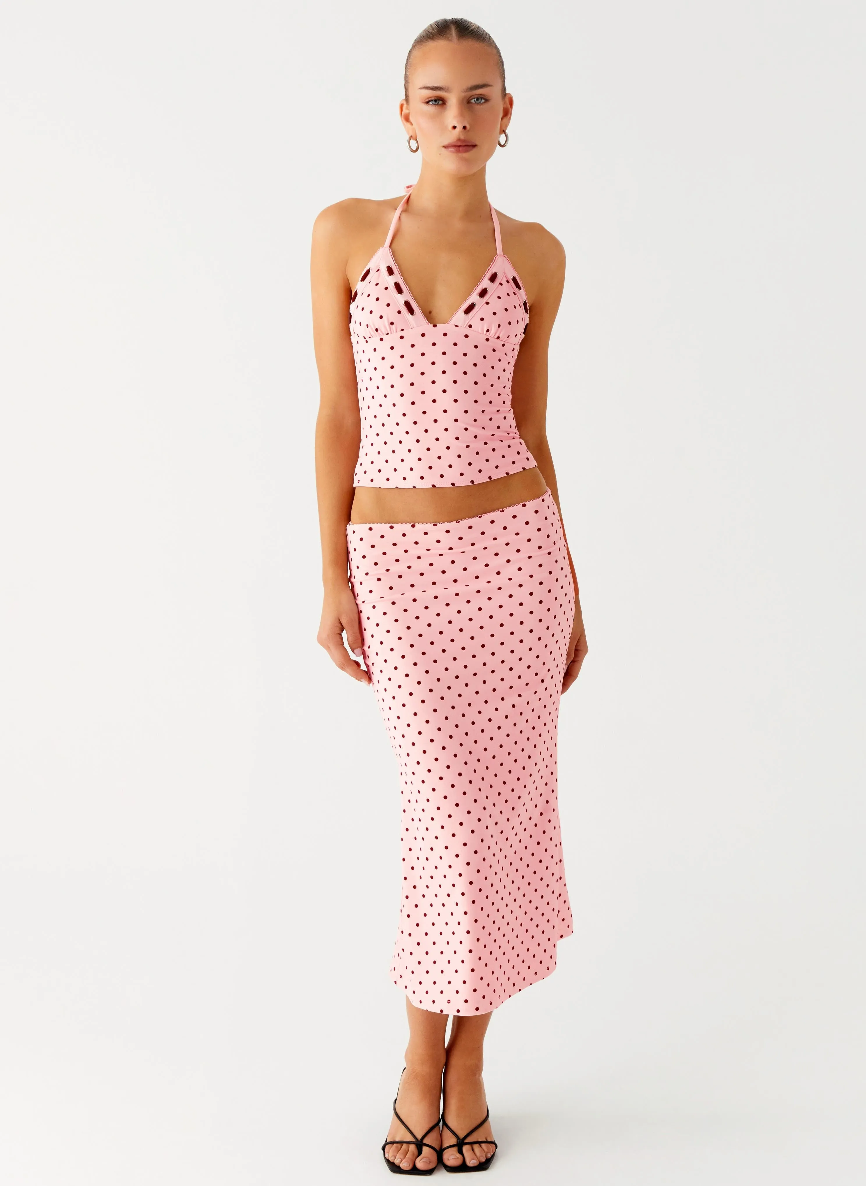 Bahama Low Rise Midi Skirt - Strawberry Dot Classic Elegance Odor Resistant Treatment