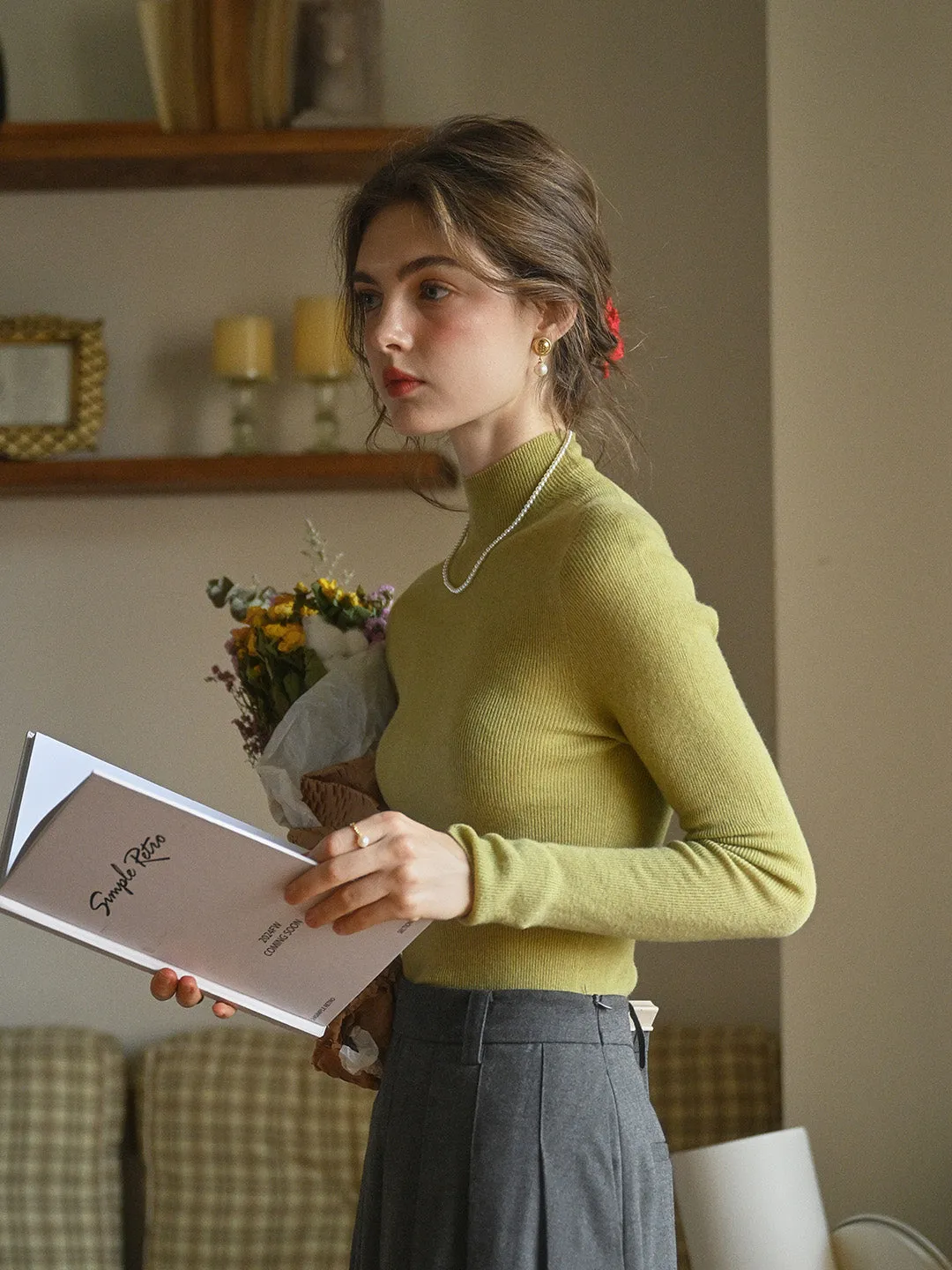 DoubleStitchedSeams Midweight Texture Erin 100% Wool Simple Mock Neck Slim Fit Sweater - Apricot