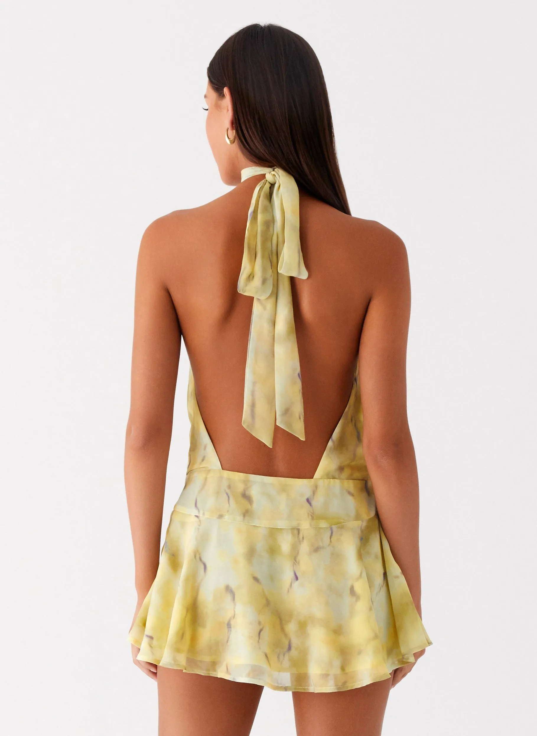 First Date Halter Mini Dress - Yellow Tie Dye Leg Elongating No Ride Up
