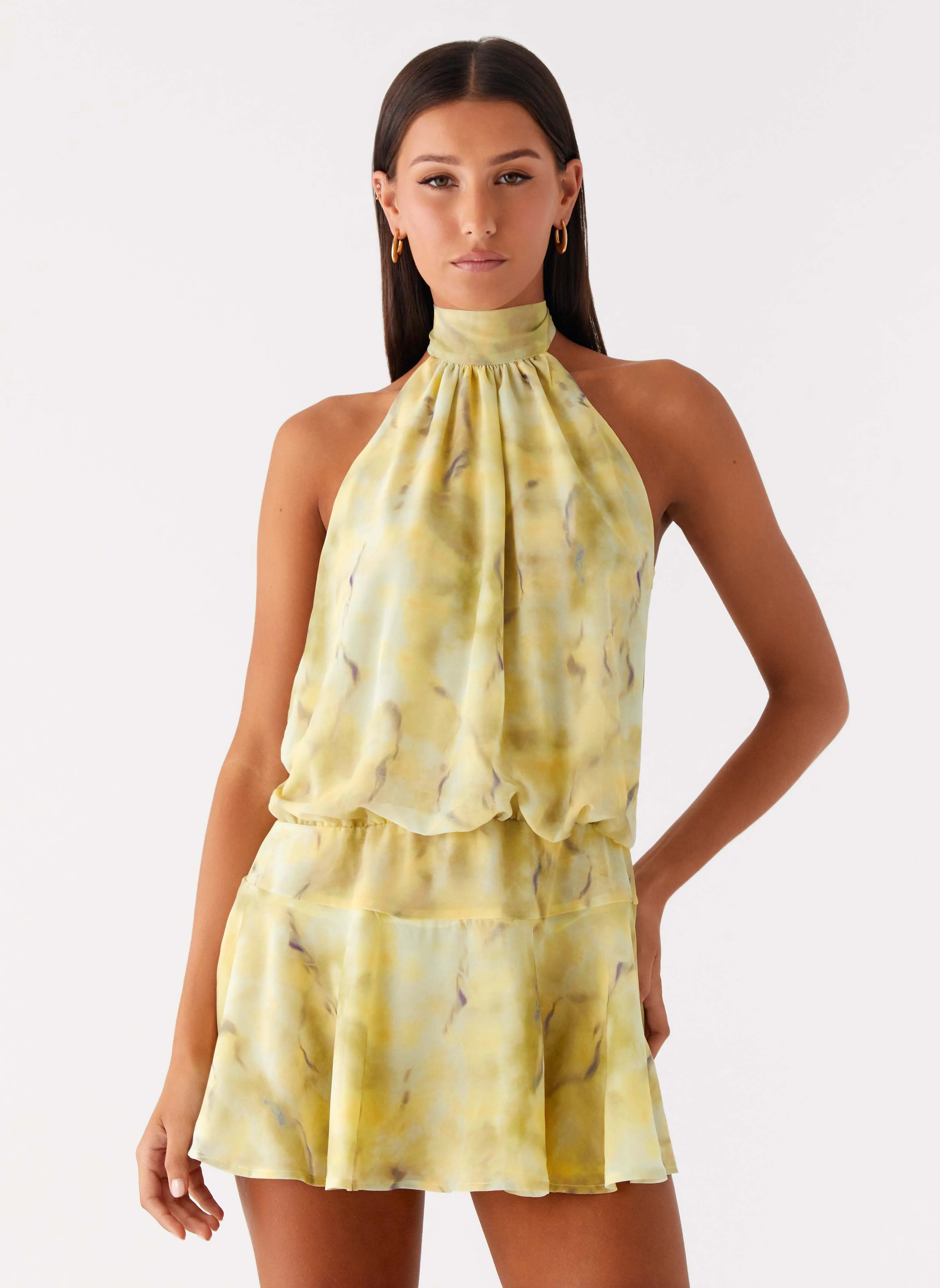 First Date Halter Mini Dress - Yellow Tie Dye High Rise Dust Proof Fabric