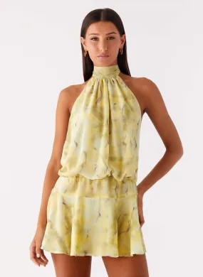 First Date Halter Mini Dress - Yellow Tie Dye ReversibleStyle