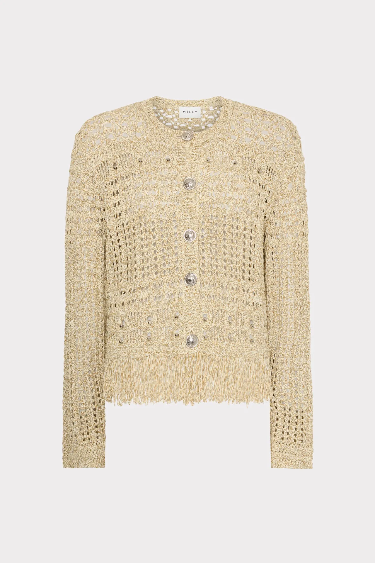 Bomber Cut Secure Closure System Beaded Fringe Knit Cardigan