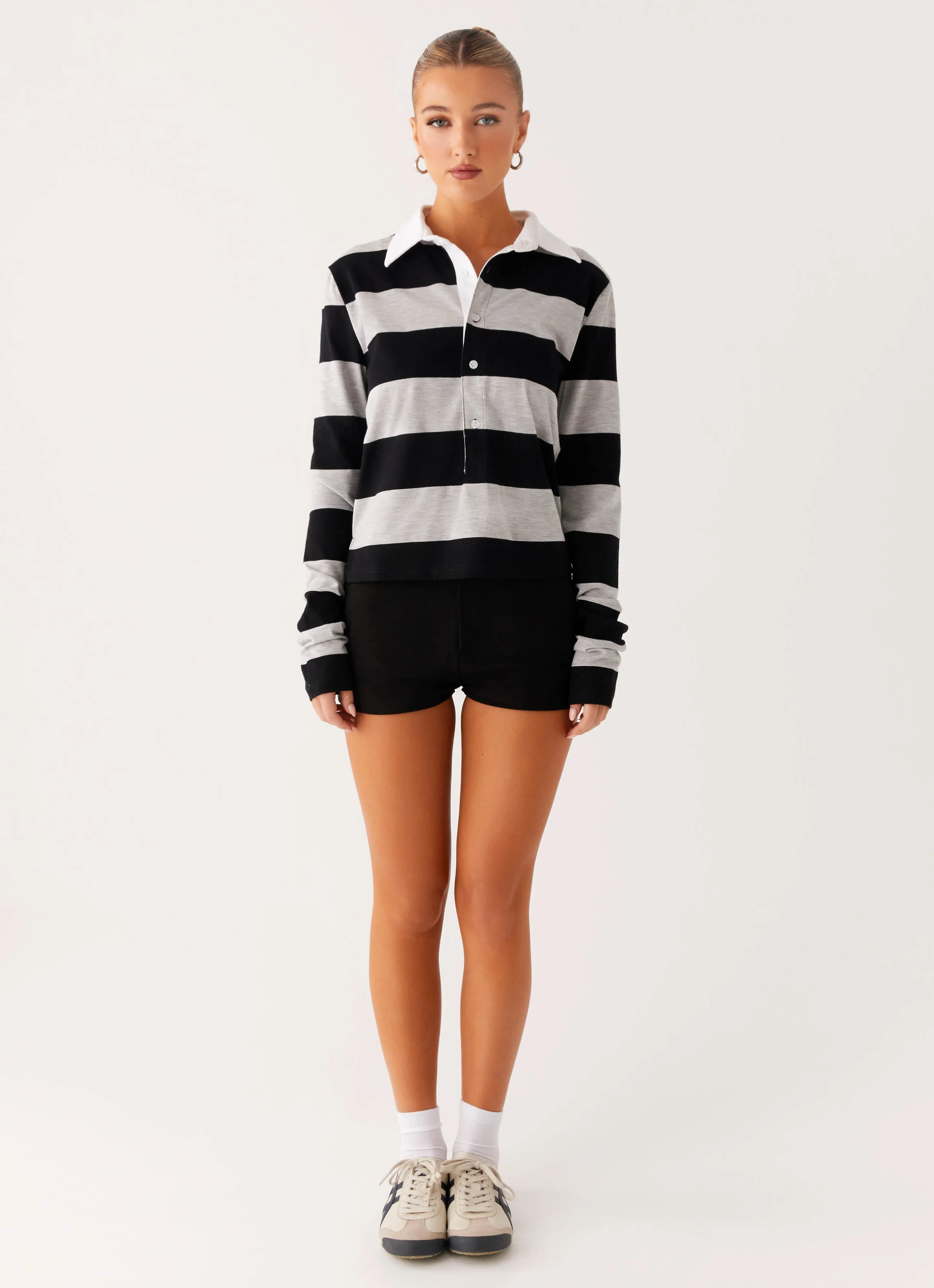 Beckett Polo Top - Grey Black Stripe Recycled Polyester Blend Easy Care Material