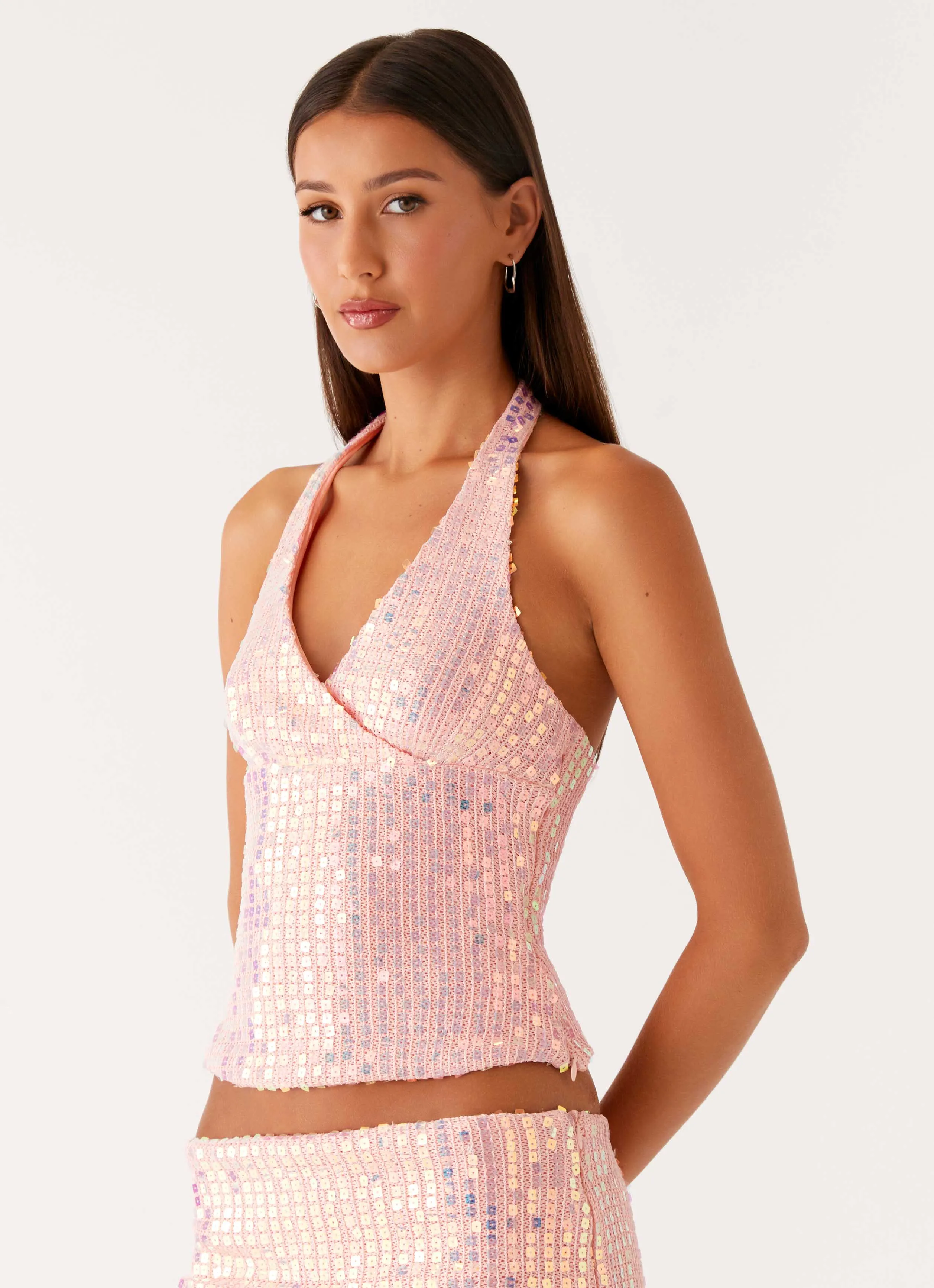 Modern Silhouette Been That Girl Halter Knit Sequin Top - Iridescent Pink