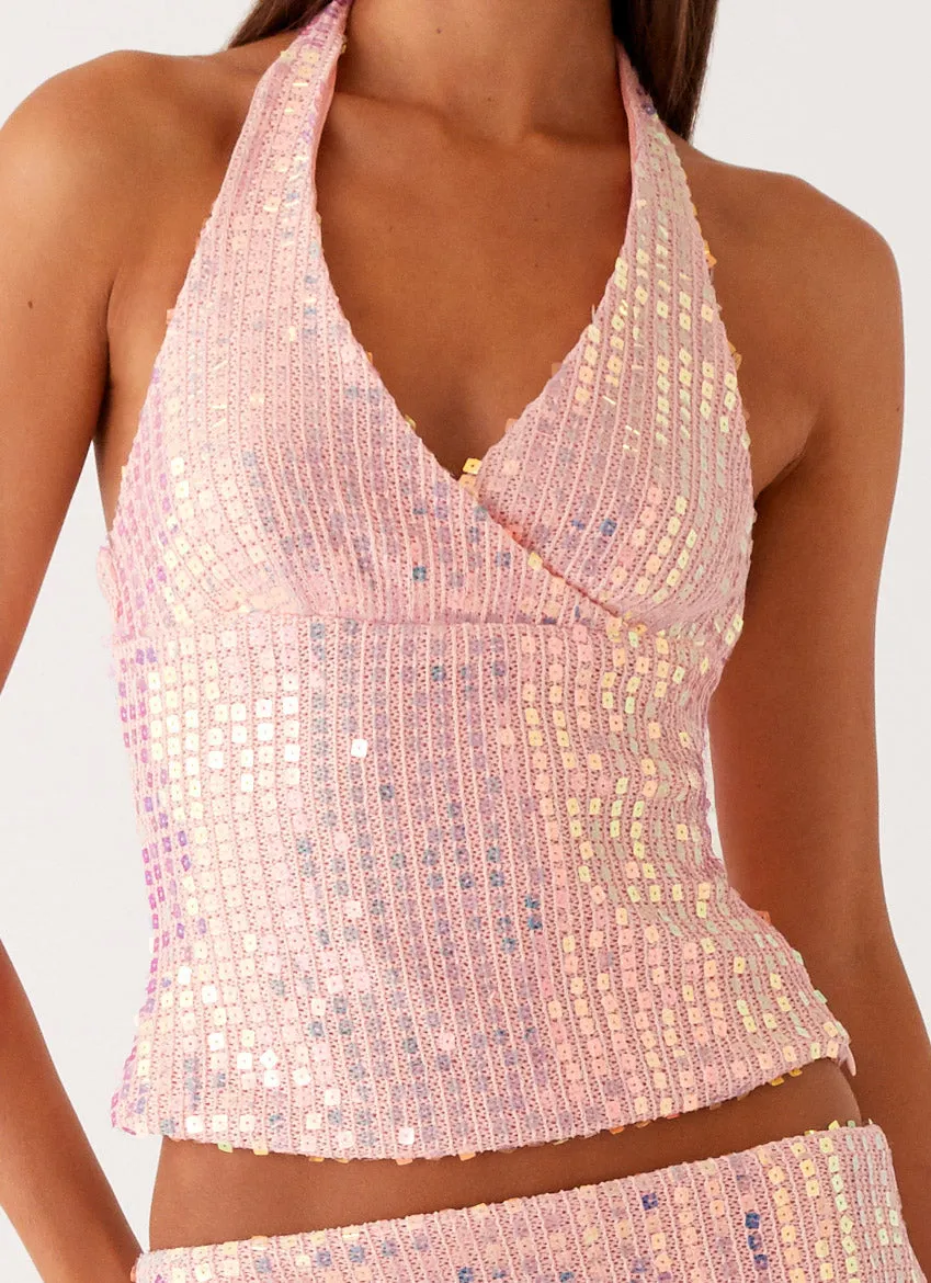 Activewear Top Breathable Linen Blend Been That Girl Halter Knit Sequin Top - Iridescent Pink