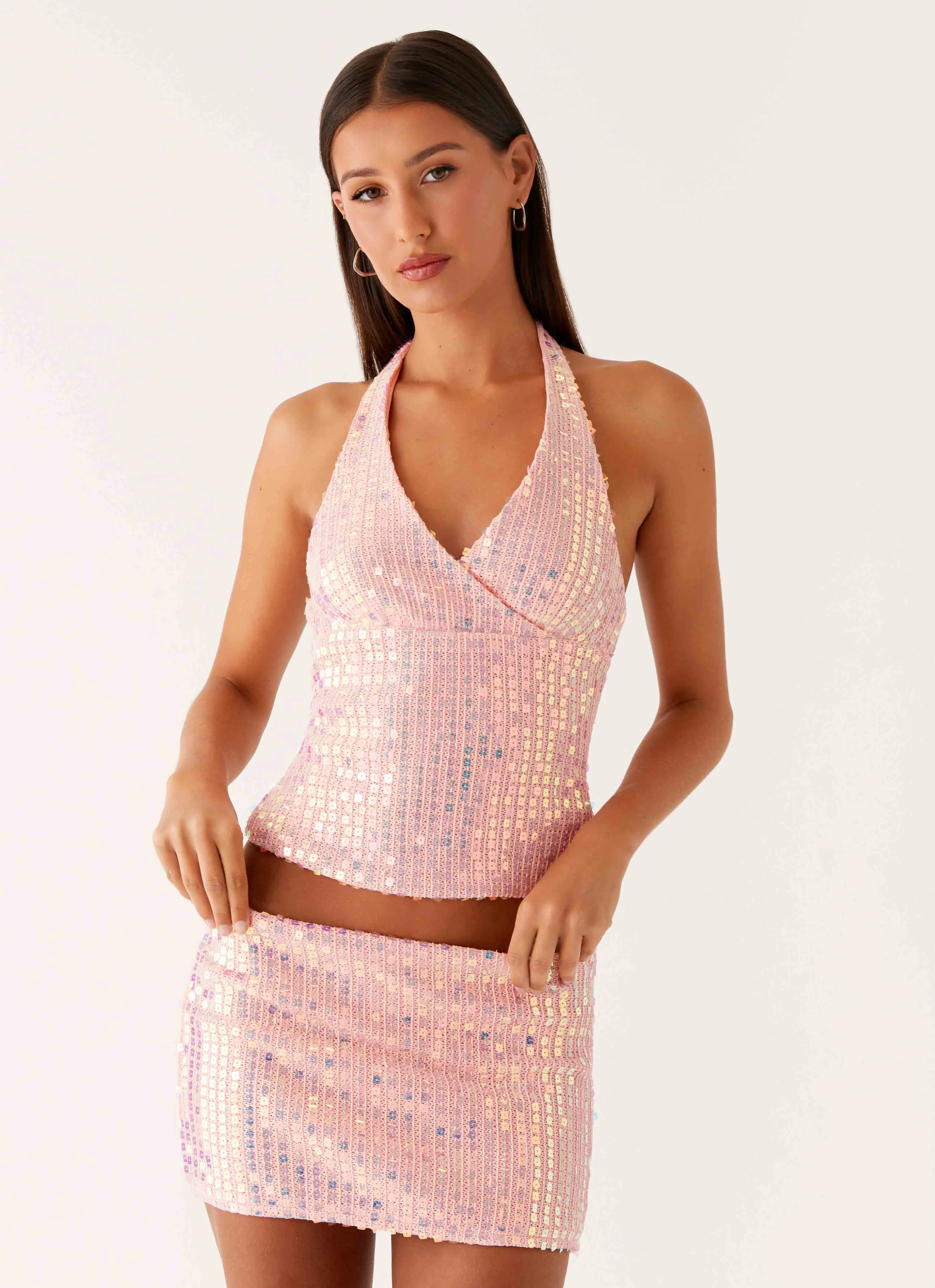 Smart Look Been That Girl Knit Sequin Mini Skirt - Iridescent Pink