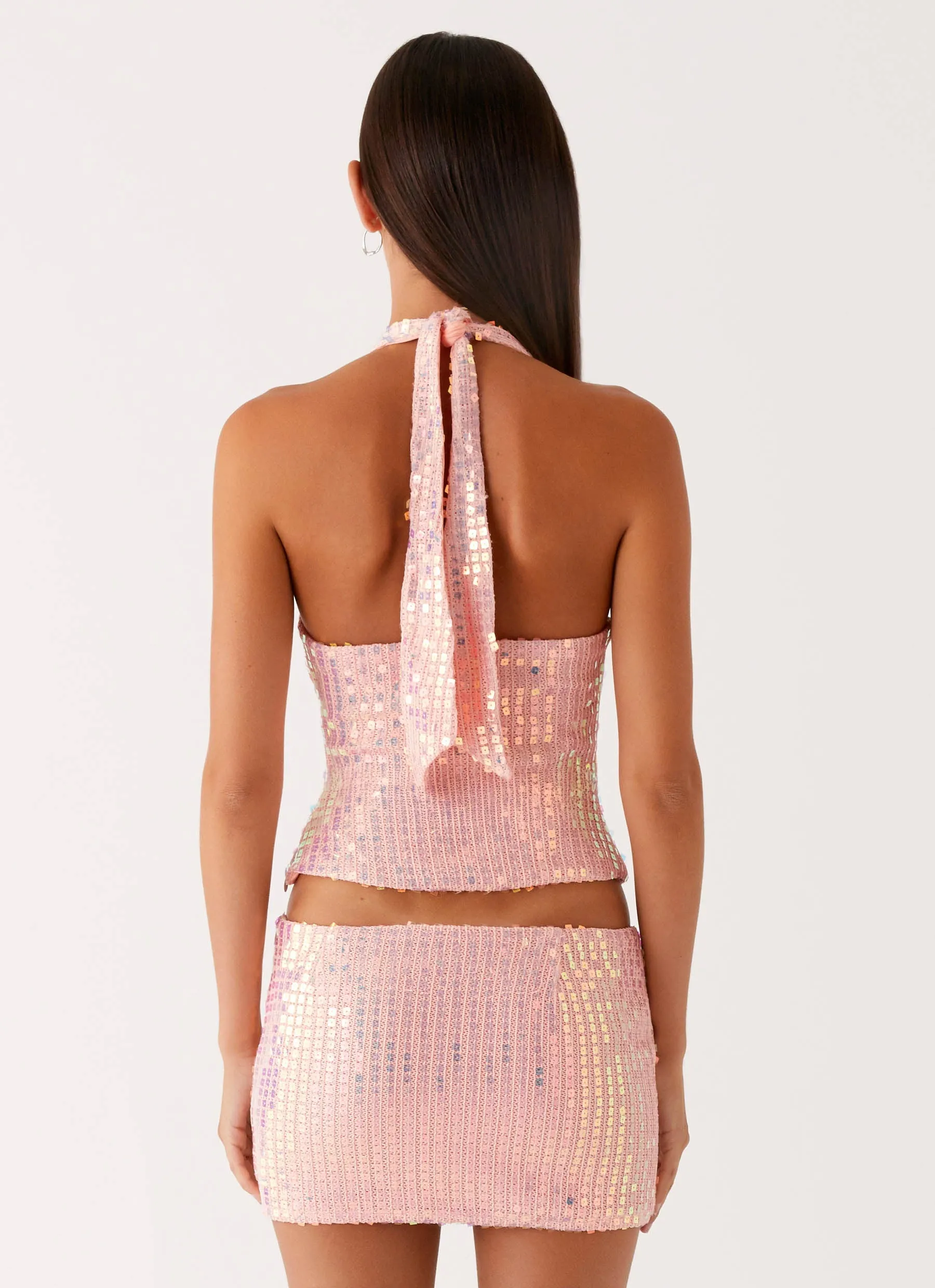Easy Care Semi Sheer Been That Girl Knit Sequin Mini Skirt - Iridescent Pink