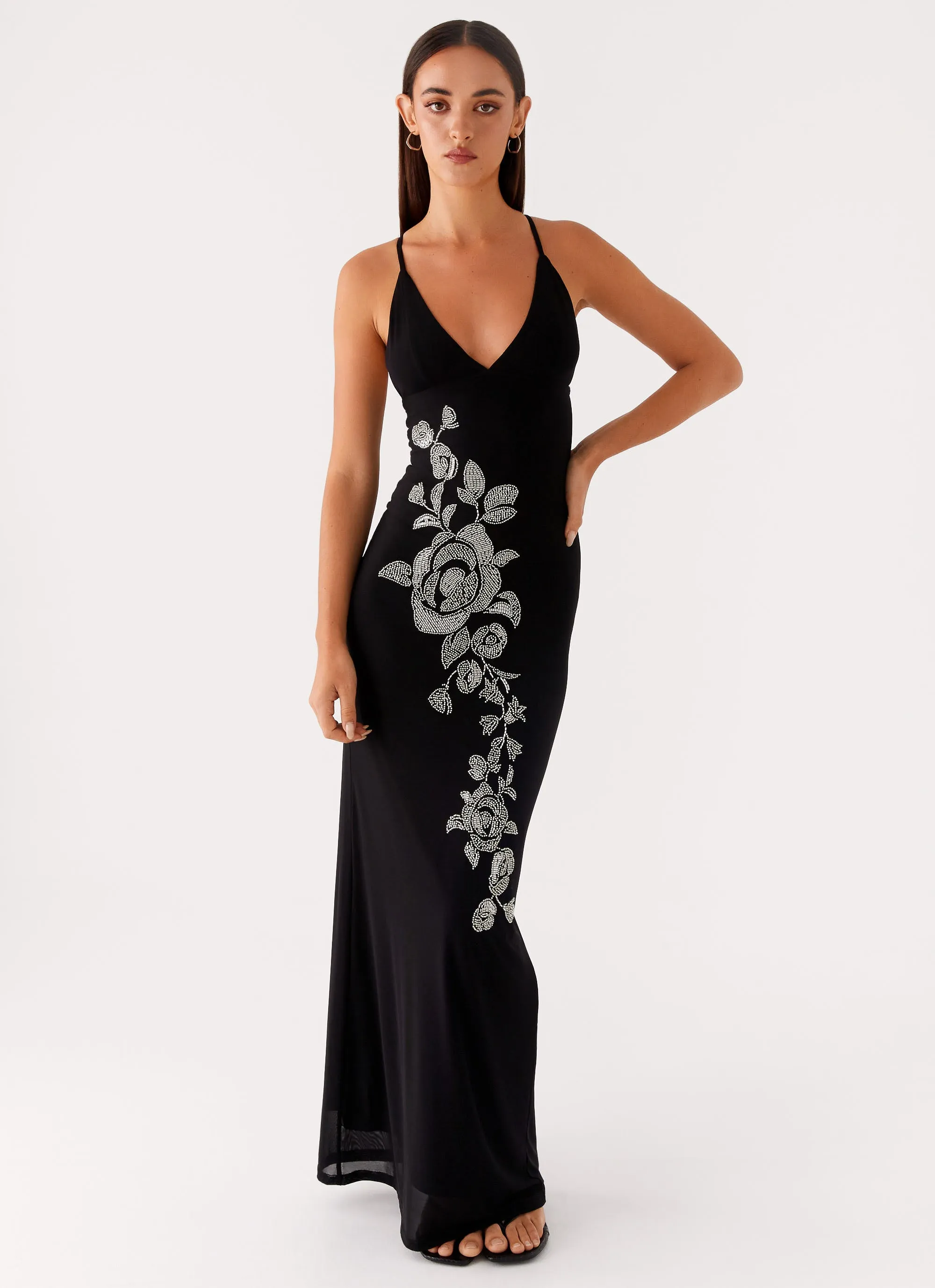 Beki Beaded Mesh Maxi Dress - Black Wool-Blend