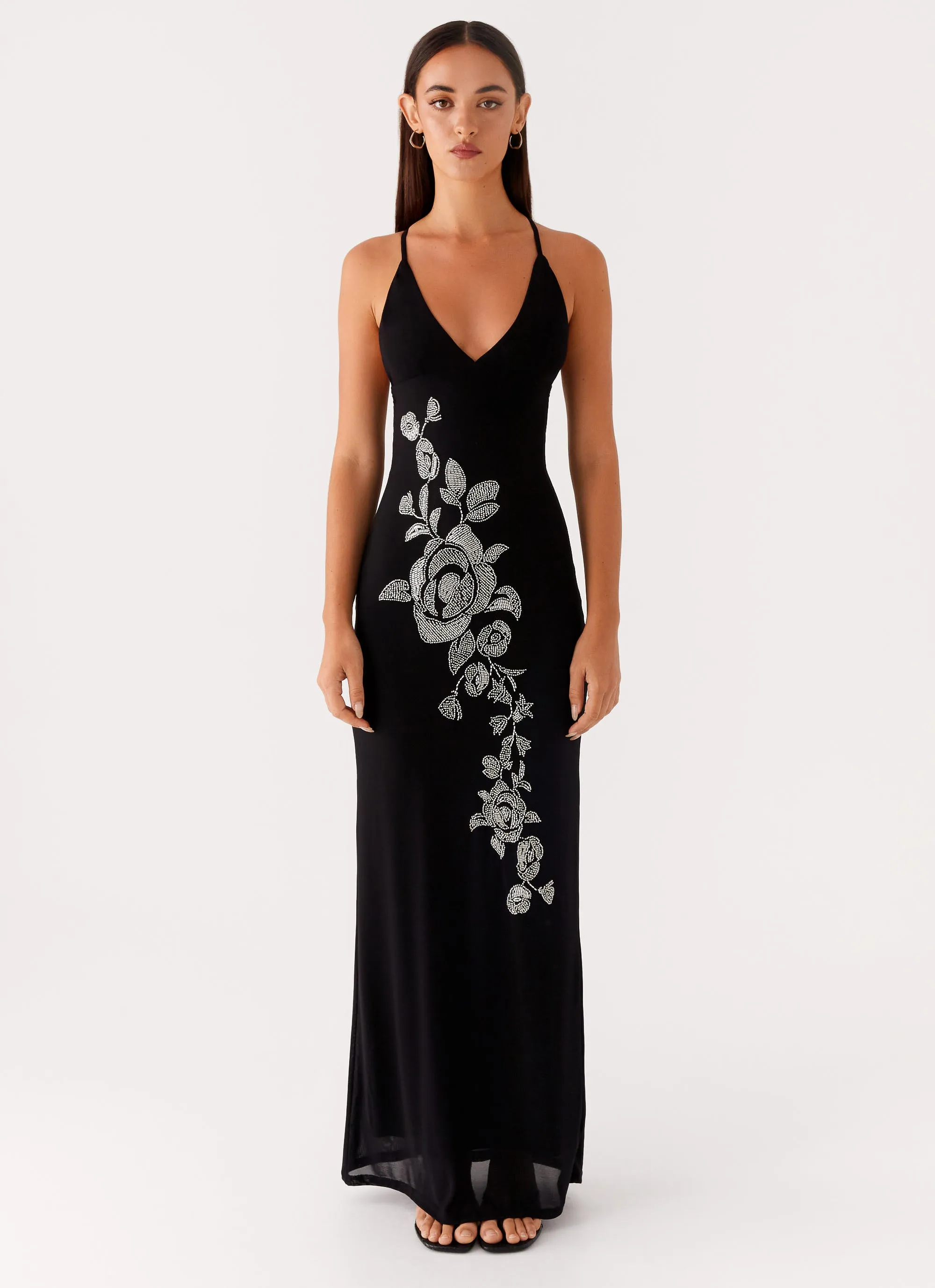 Beki Beaded Mesh Maxi Dress - Black Flattering Lines