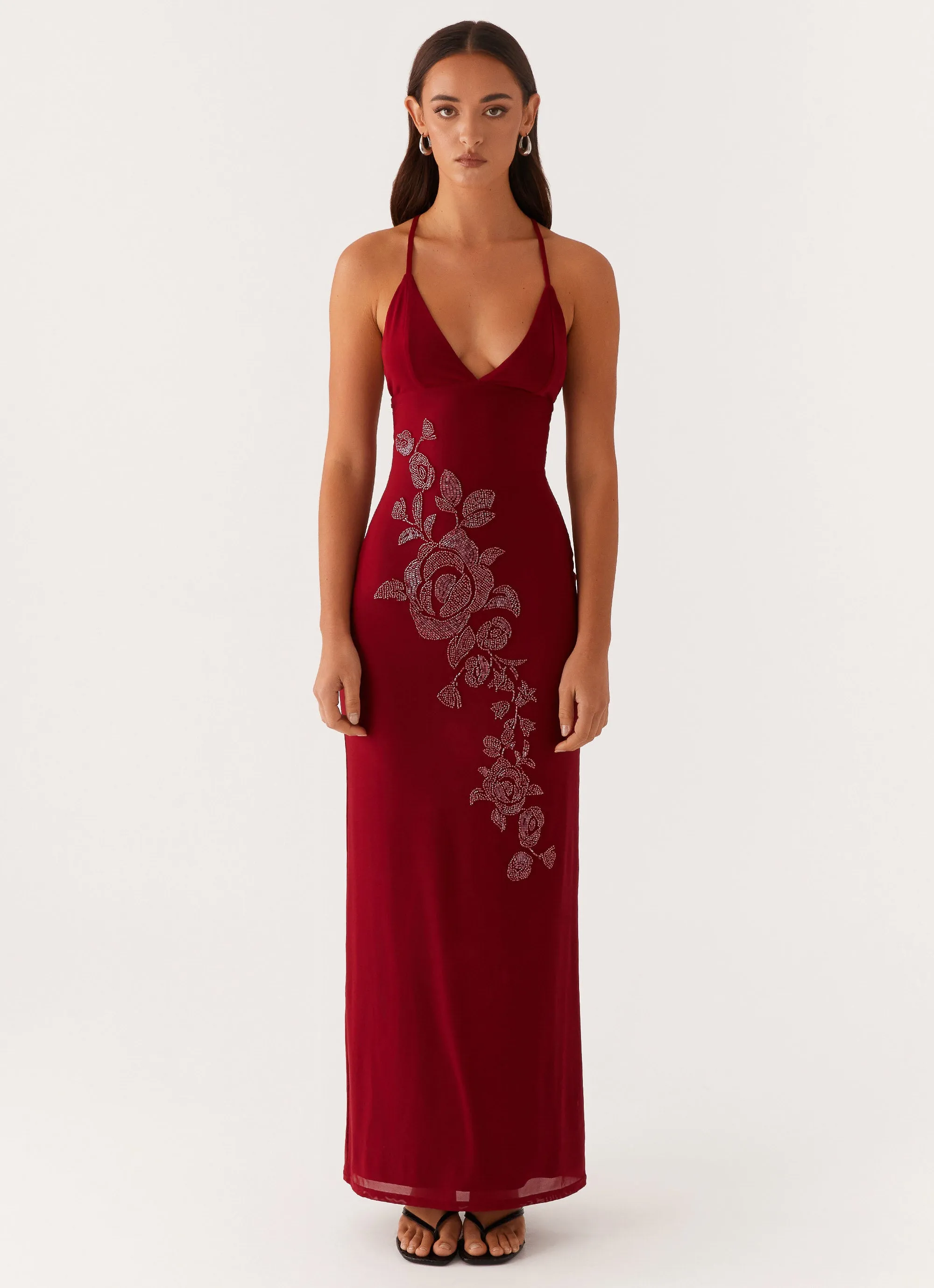 FadeResistantColor Fashion Mix Beki Beaded Mesh Maxi Dress - Deep Red