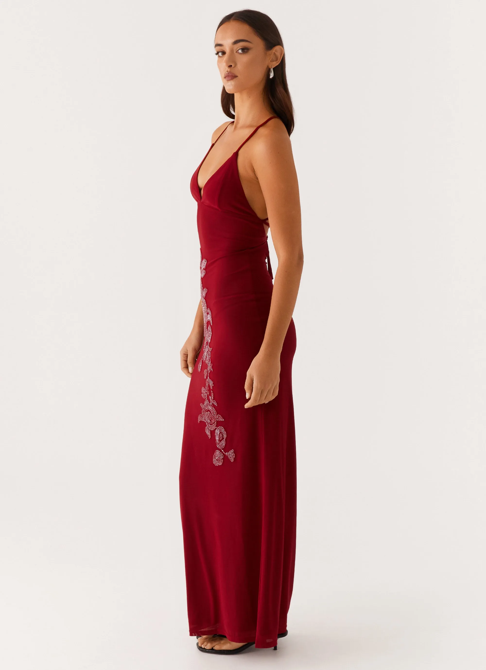Neat Finish Sharp Finish Beki Beaded Mesh Maxi Dress - Deep Red
