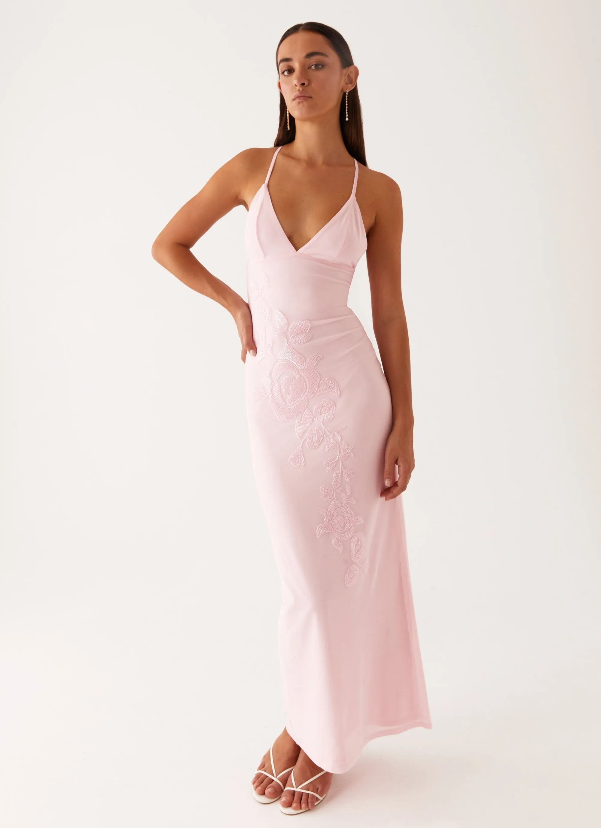Trendy Fit Look Fitted Base Beki Beaded Mesh Maxi Dress - Pink