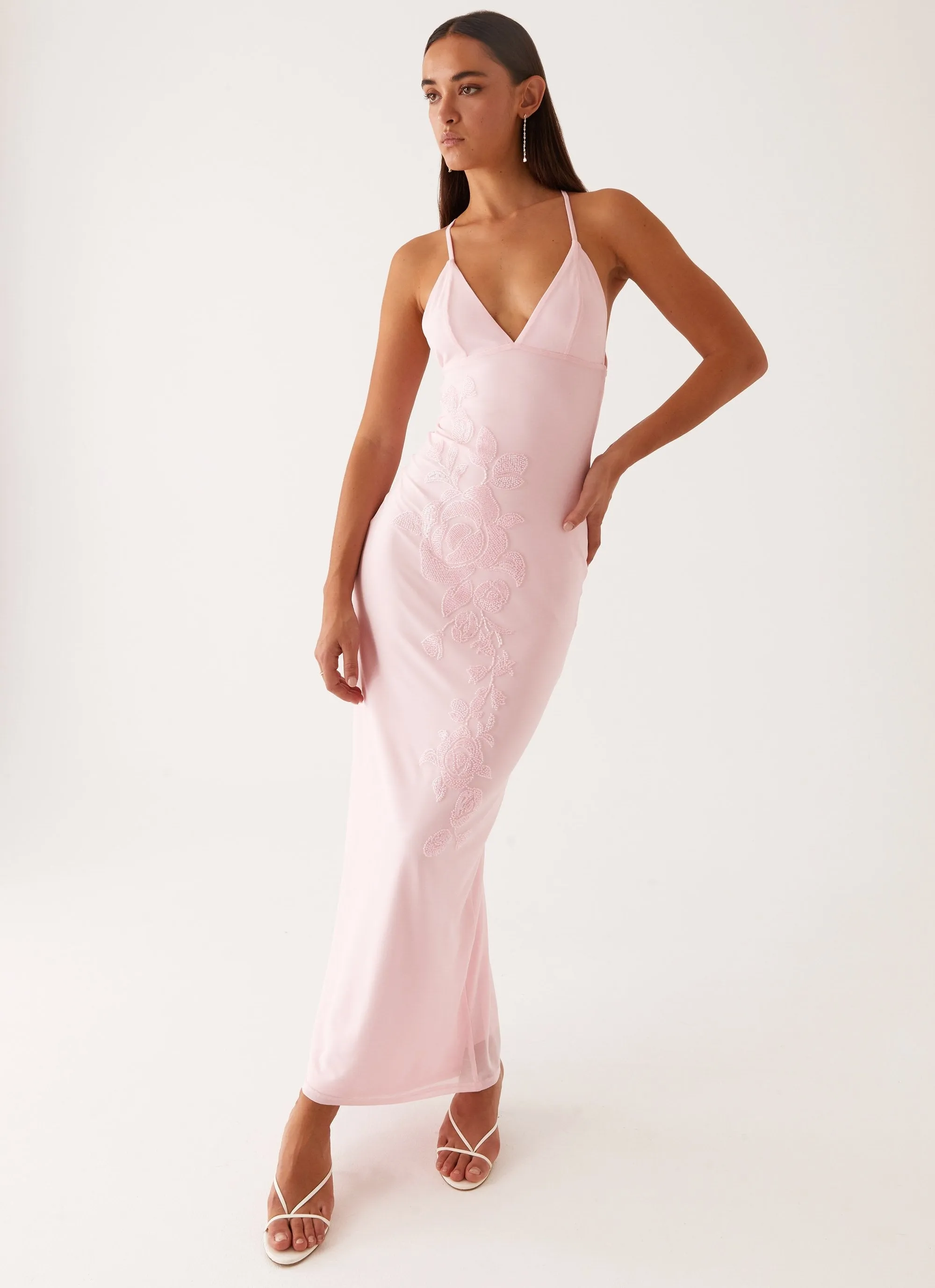Beki Beaded Mesh Maxi Dress - Pink garden party Comfortable Layer