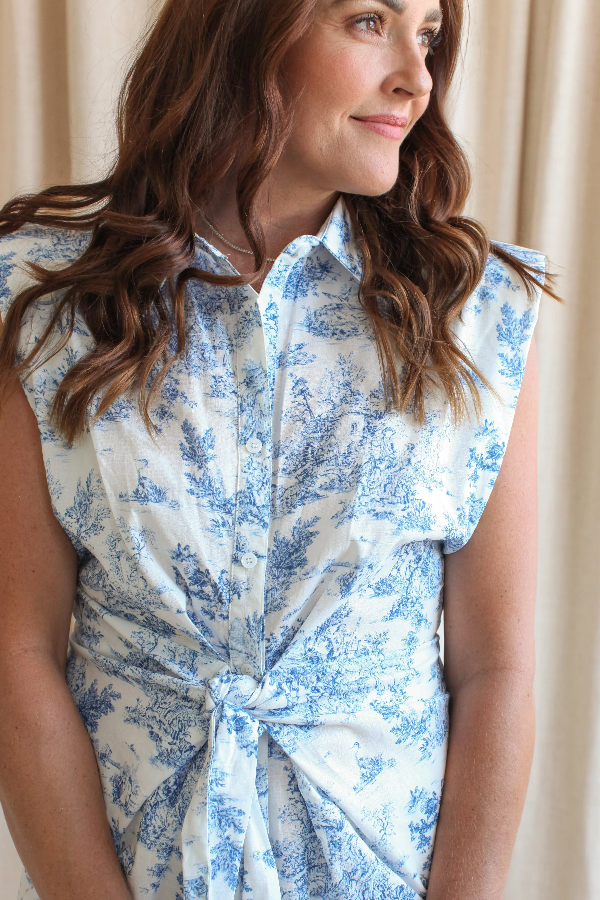 Blue Toile Knot Dress Classic Appeal