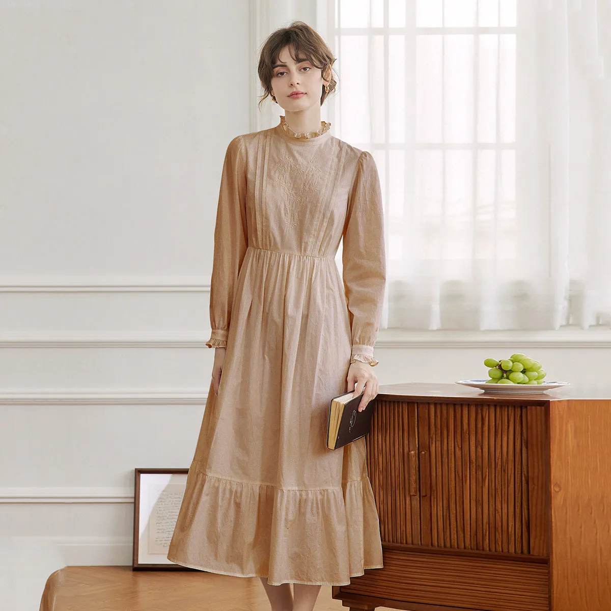 Evening Glow Comfy Texture Aurelia Retro Long-sleeve Khaki Dress