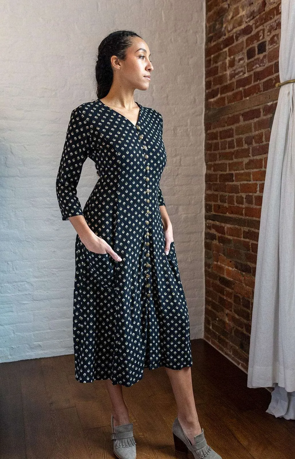 slim cut Fiona Dress in Black Floral Crepe