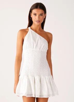 Hestia Drop Waist Shirring Mini Dress - White Silky texture