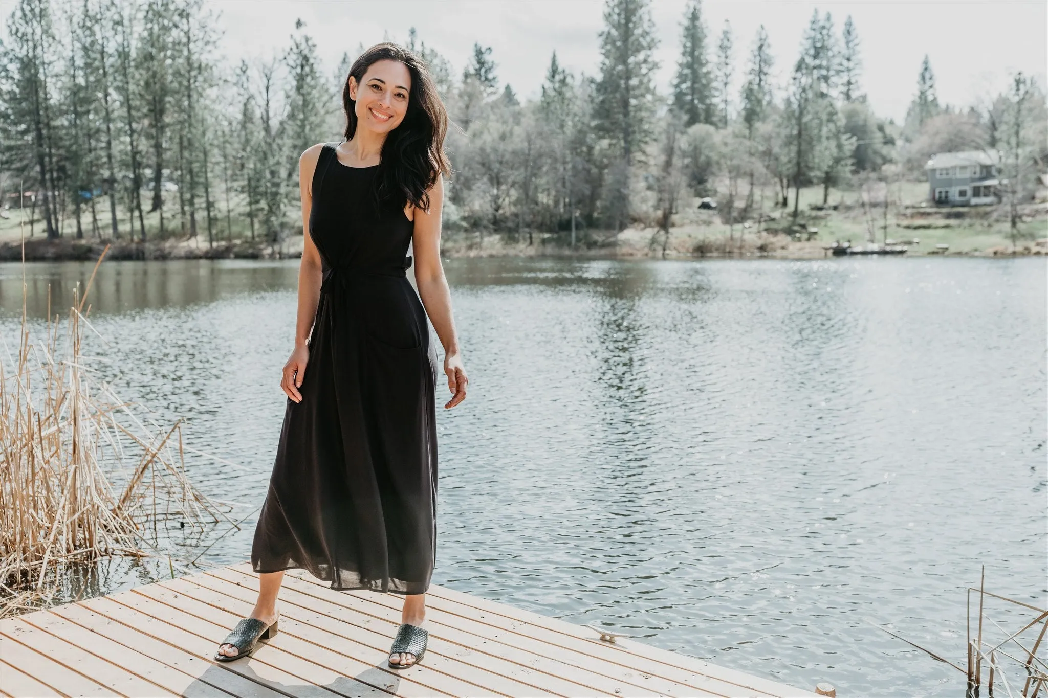 Rhiannon Dress in Black Challis Texture Blend Gender Inclusive