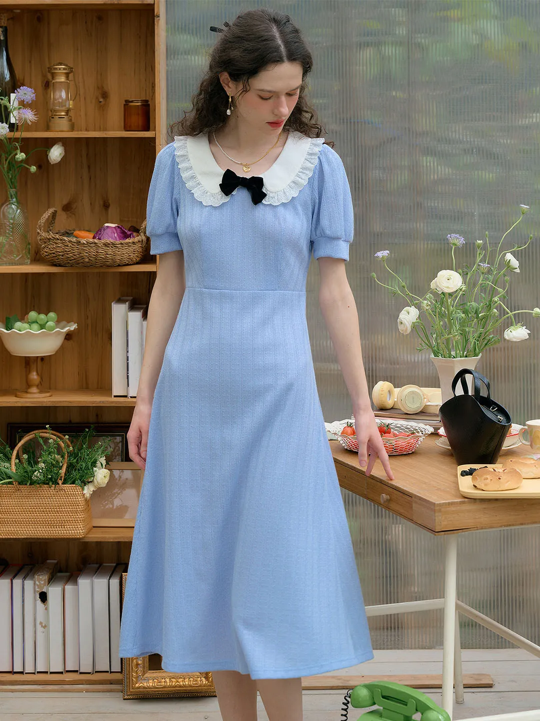 Hidden Pocket Bonnie Contrast Bow Lace Doll Neck Dress