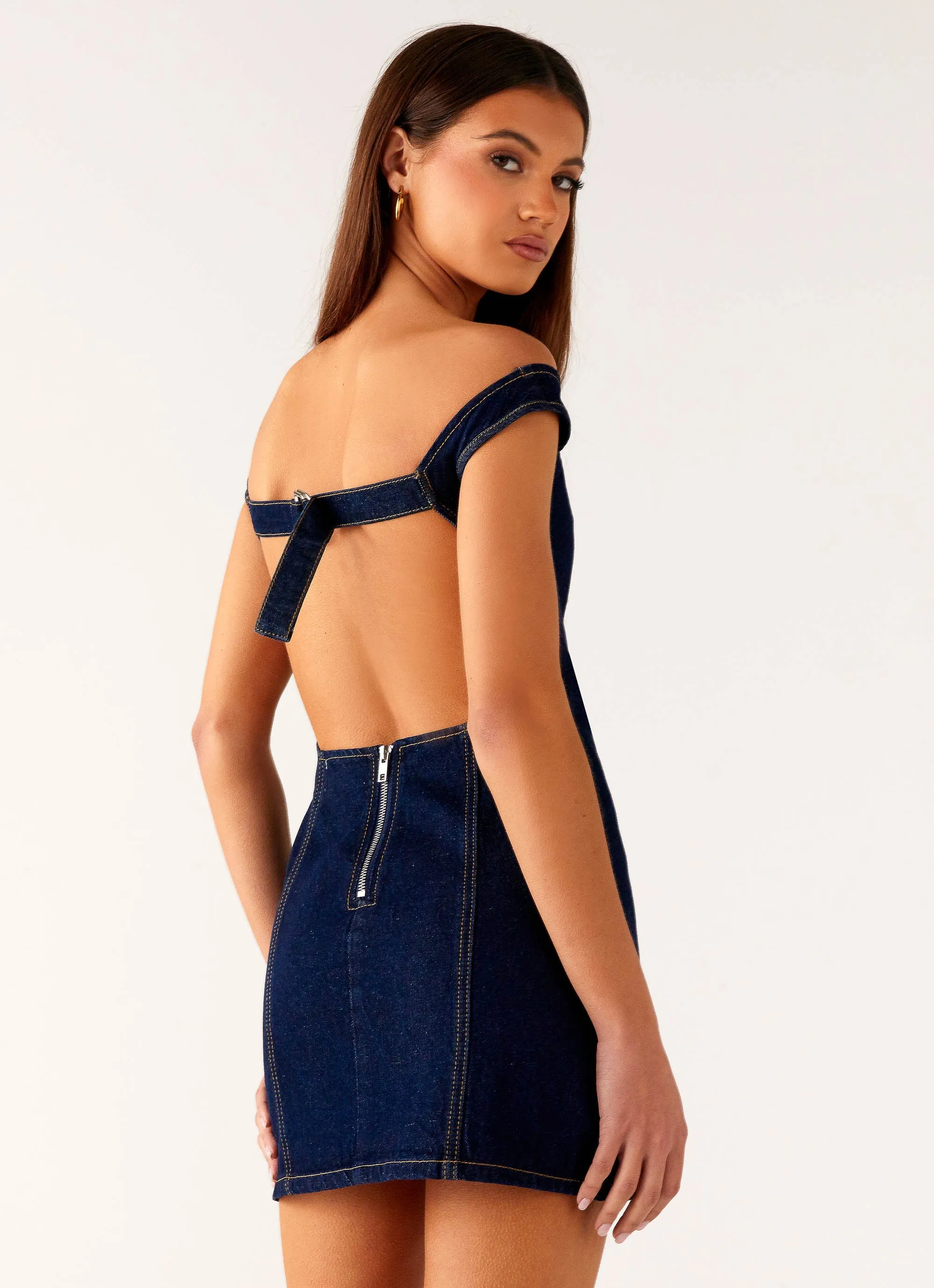 Bonnie Denim Mini Dress - Indigo Casual Silhouette Soft touch evening dress