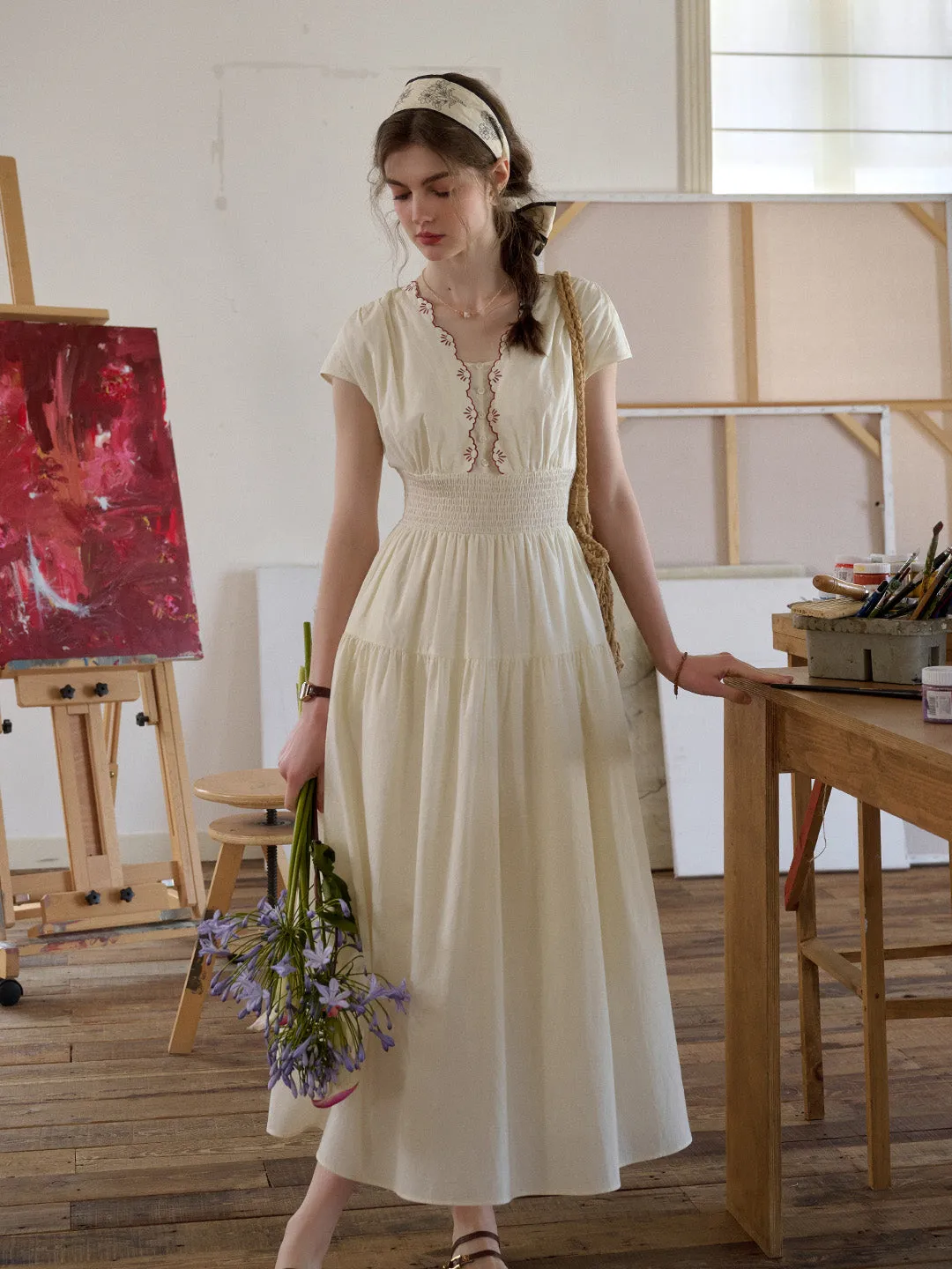 Adalyn Wavy Neck Embroidery 100% Cotton Dress Day Ready Boxy-Style