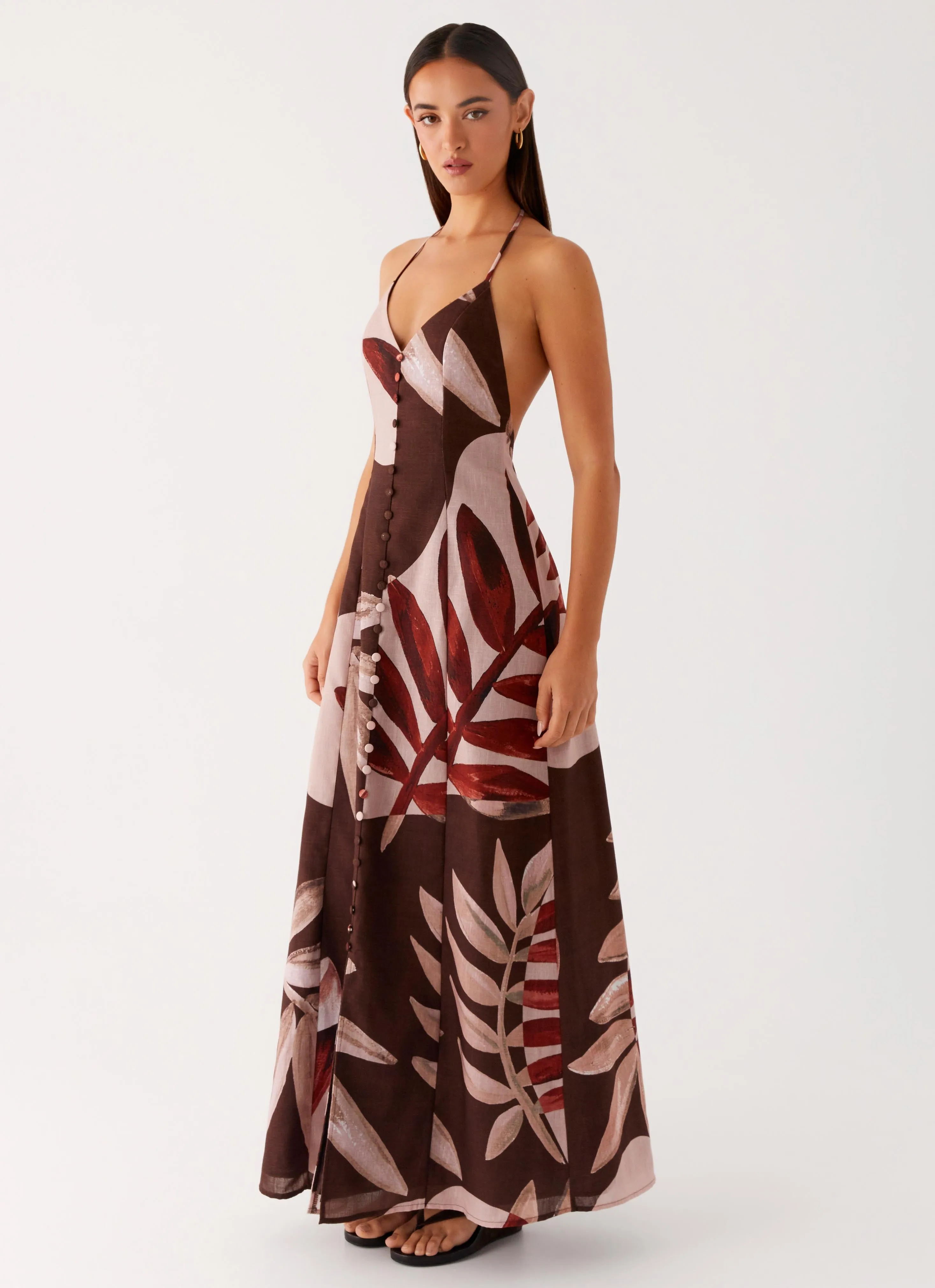 Winter-Season Clean Stitch Autumn Linen Maxi Dress - Cinnamon Palm