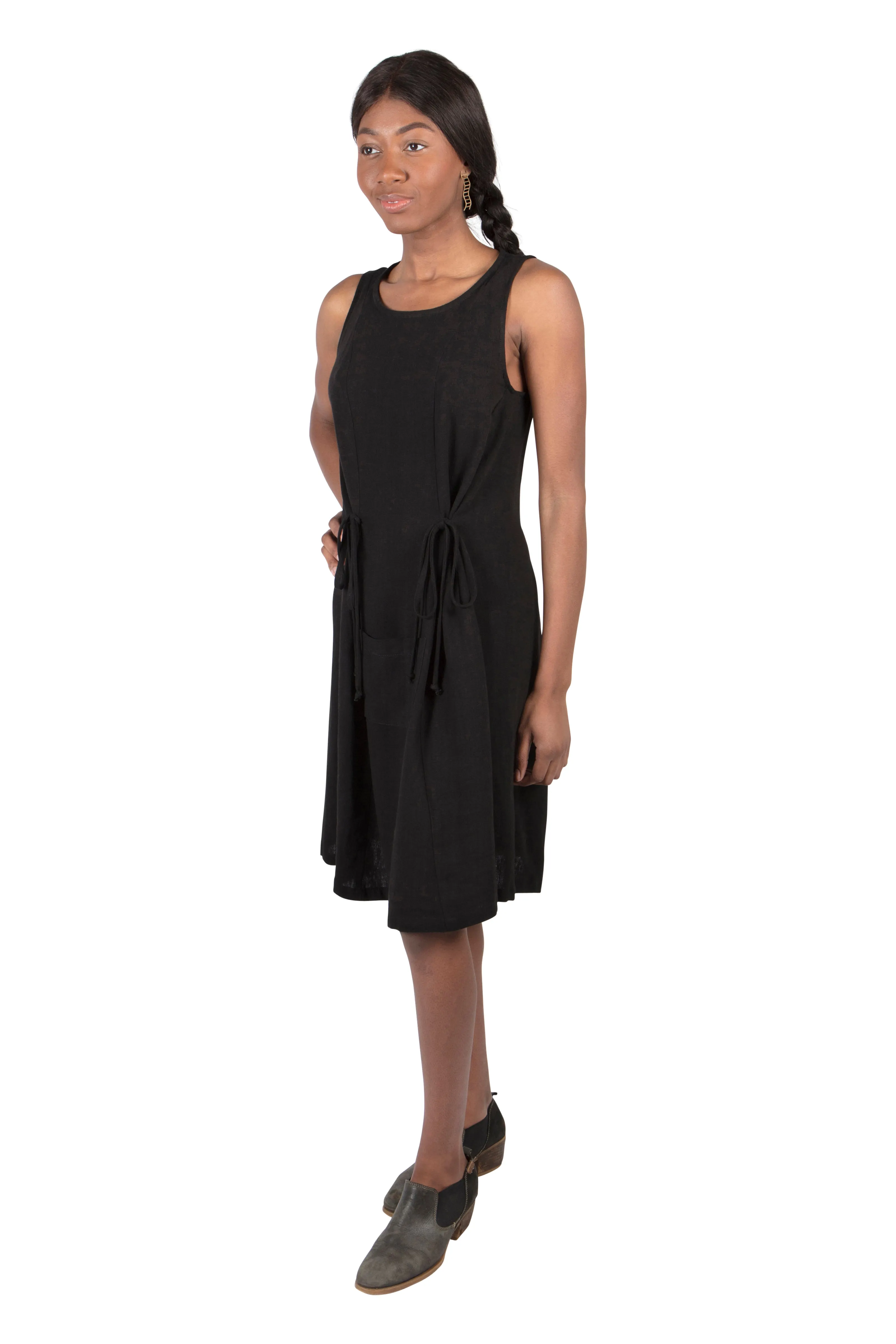 Tia Dress in Black Linen Mixed Fabric Modern Cut