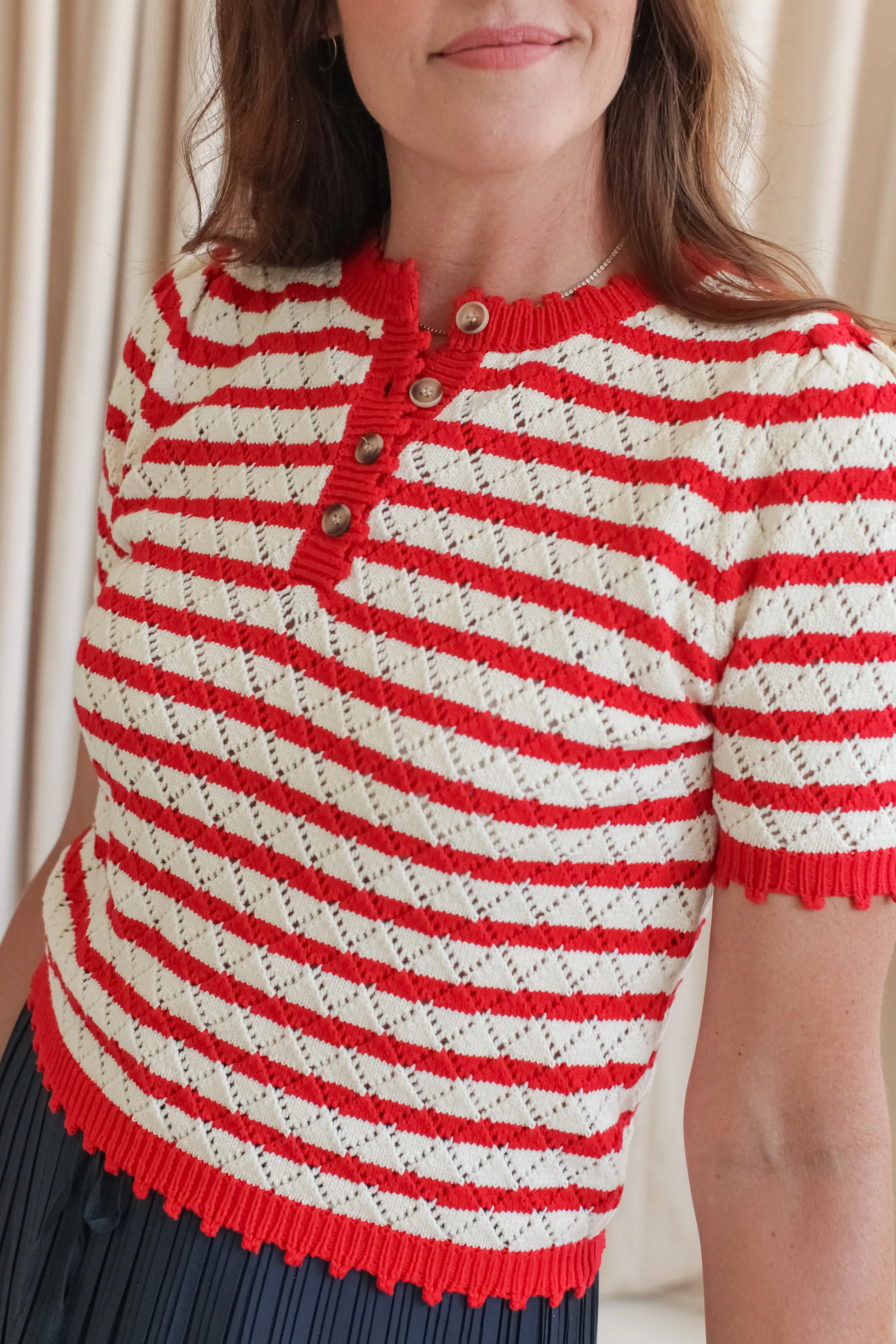 Parker Stripe Knit Top - Red Lightweight Blouse Multi Directional Zipper Placement