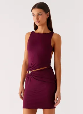 Smart and Chic Drawstring-Waist Velvet Wine Mini Dress - Boysenberry