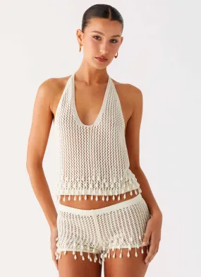 Flatlock Seams Pearl Shore Beaded Crochet Top - Ivory