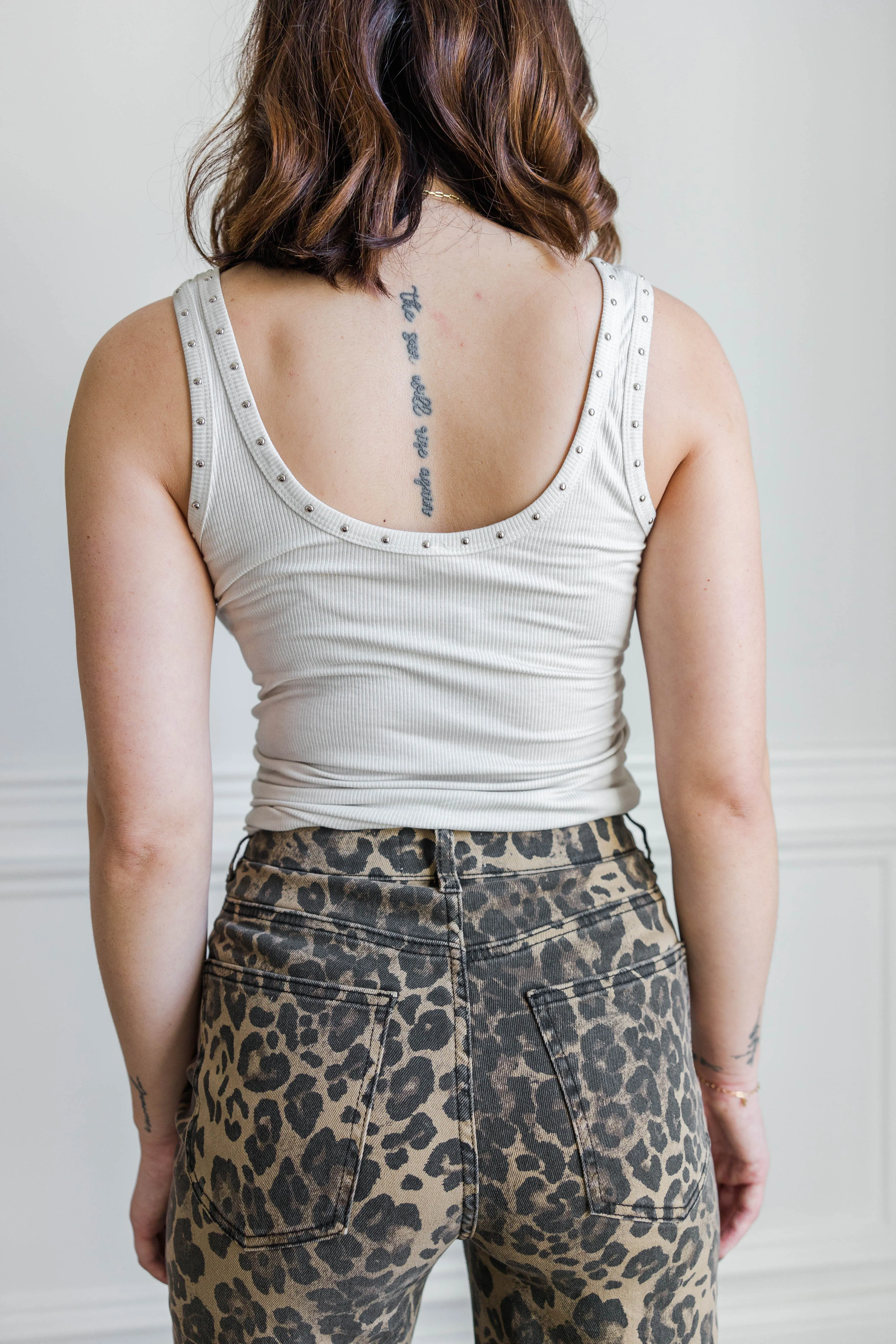 Ivory Studded Ribbed Tank Recycled Polyester Material