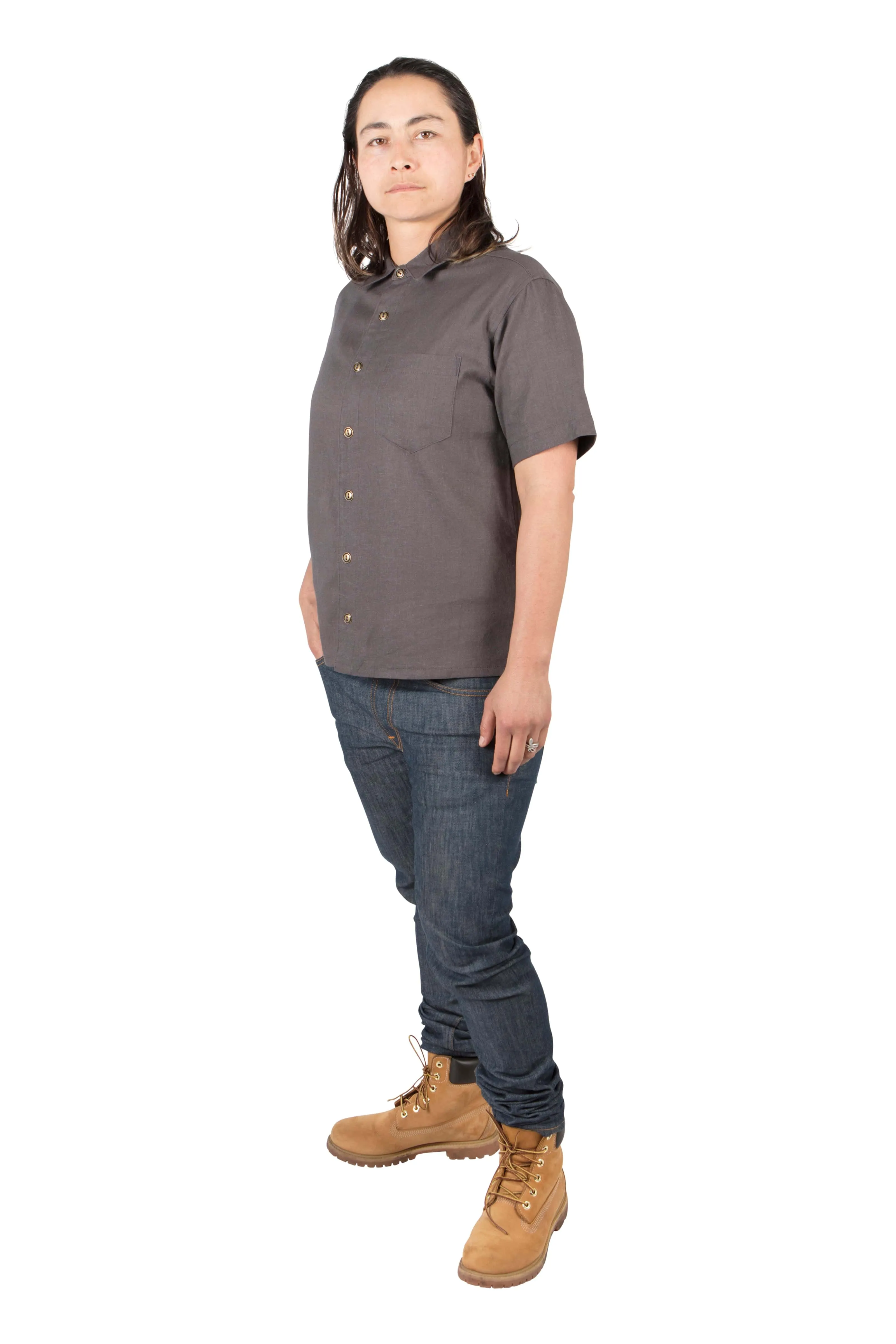 Unisex Button Up in Ash Linen Classic Crew Neck PreWashed