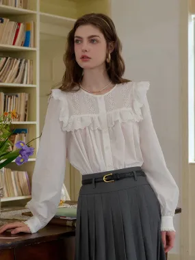 Danna Round Neck Lace Trim Blouse DoubleLayeredCollar