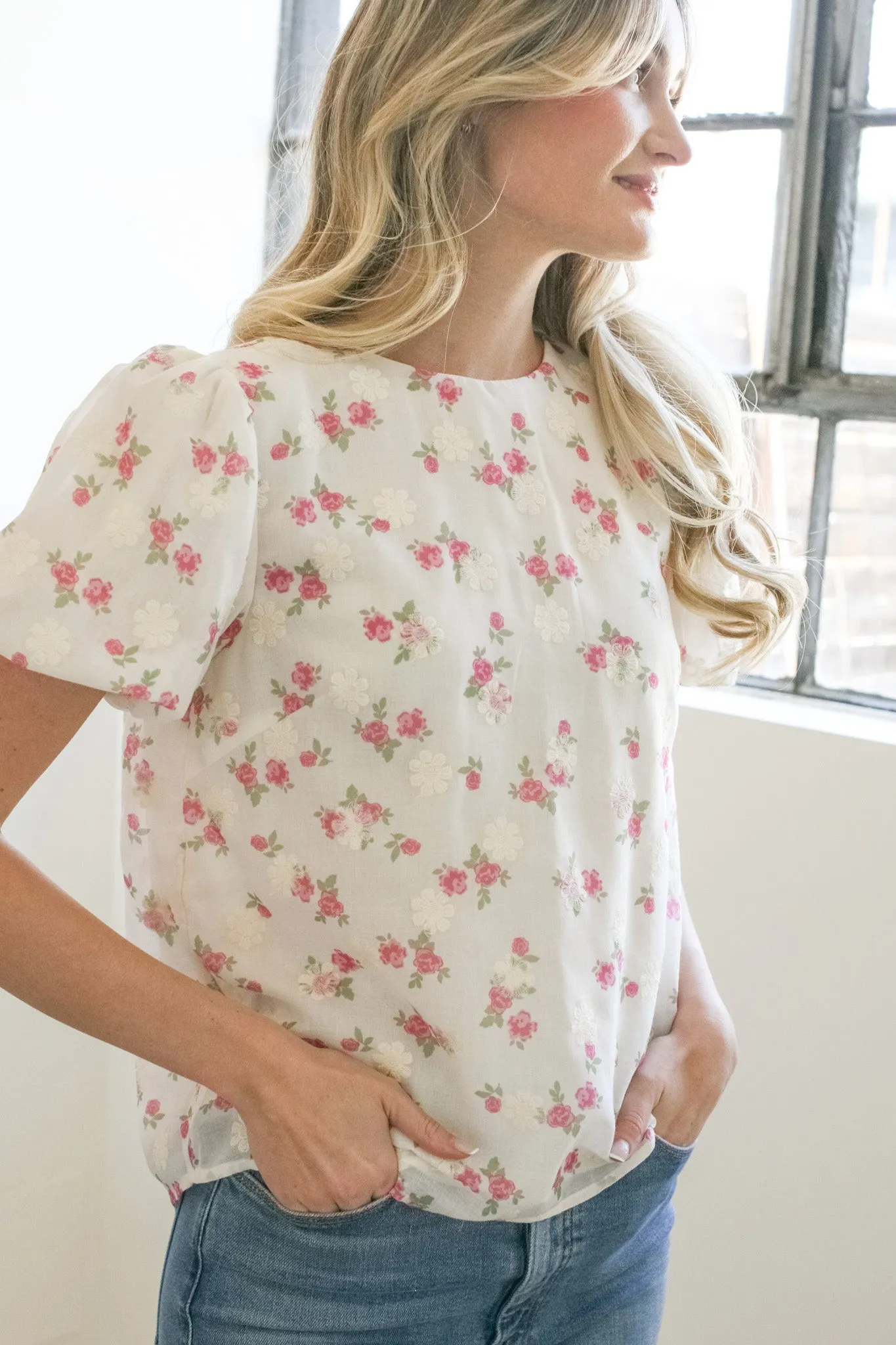 Brianna Floral Embroidered Top Antimicrobial Treatment