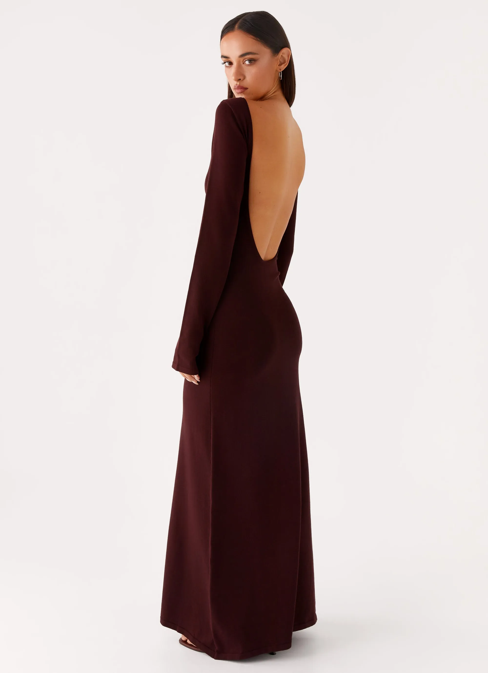 Versatile Wear Vibrant color Adora Long Sleeve Knit Maxi Dress - Chocolate